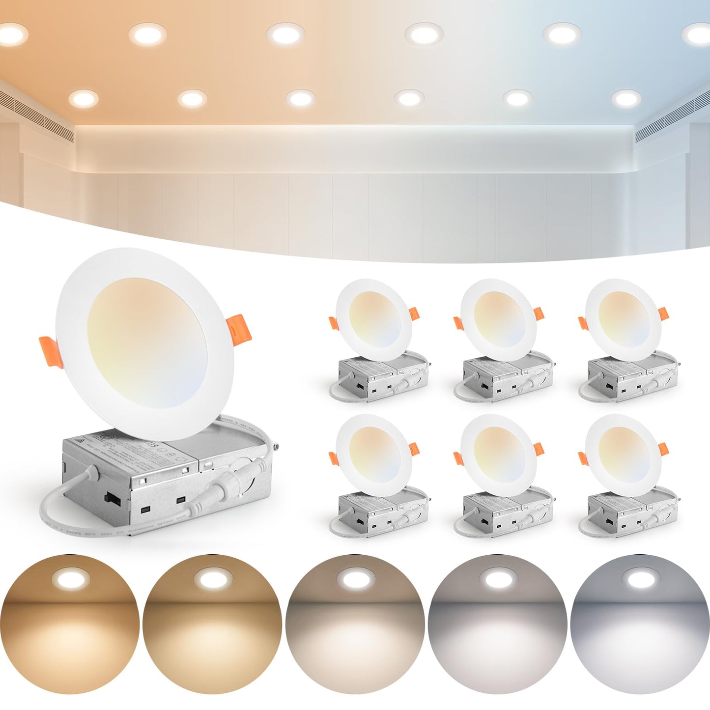 MAILCOS 6 Pack 4 Inch 5CCT Ultra-Thin LED Recessed Ceiling Light with Junction Box, 2700K-5000K Selectable, 810LM High Brightness, Dimmable Canless Wafer Downlight, 9W 120V, ETL