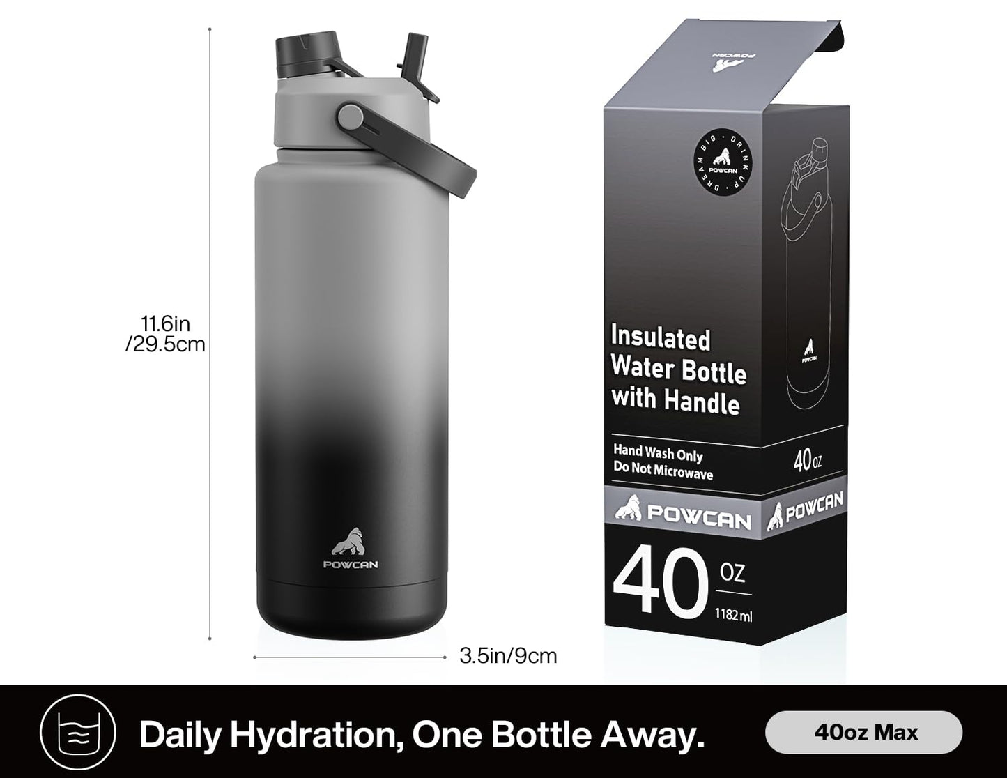 POWCAN 40 oz Insulated Water Bottle with 2-in-1 Straw and Spout Lid, Keep Cold 24H, Leak-Proof, BPA-Free, Double Wall Stainless Steel Water Bottle for Sports, Gym, Travel, and School (Obsidian)