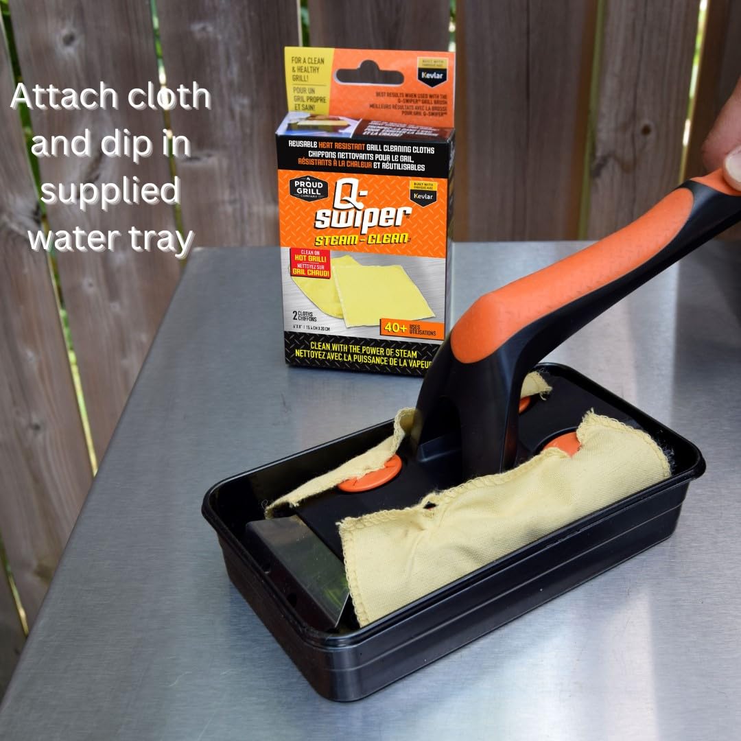 Q-Swiper XL Steam-Clean Grill Cleaning Value Set | Bristle-Free Brush with Scraper | Dipping Tray, 4 Kevlar® Heat Resistant Cleaning Cloths | Safe Way to Steam Away BBQ Grill Grease & Grime