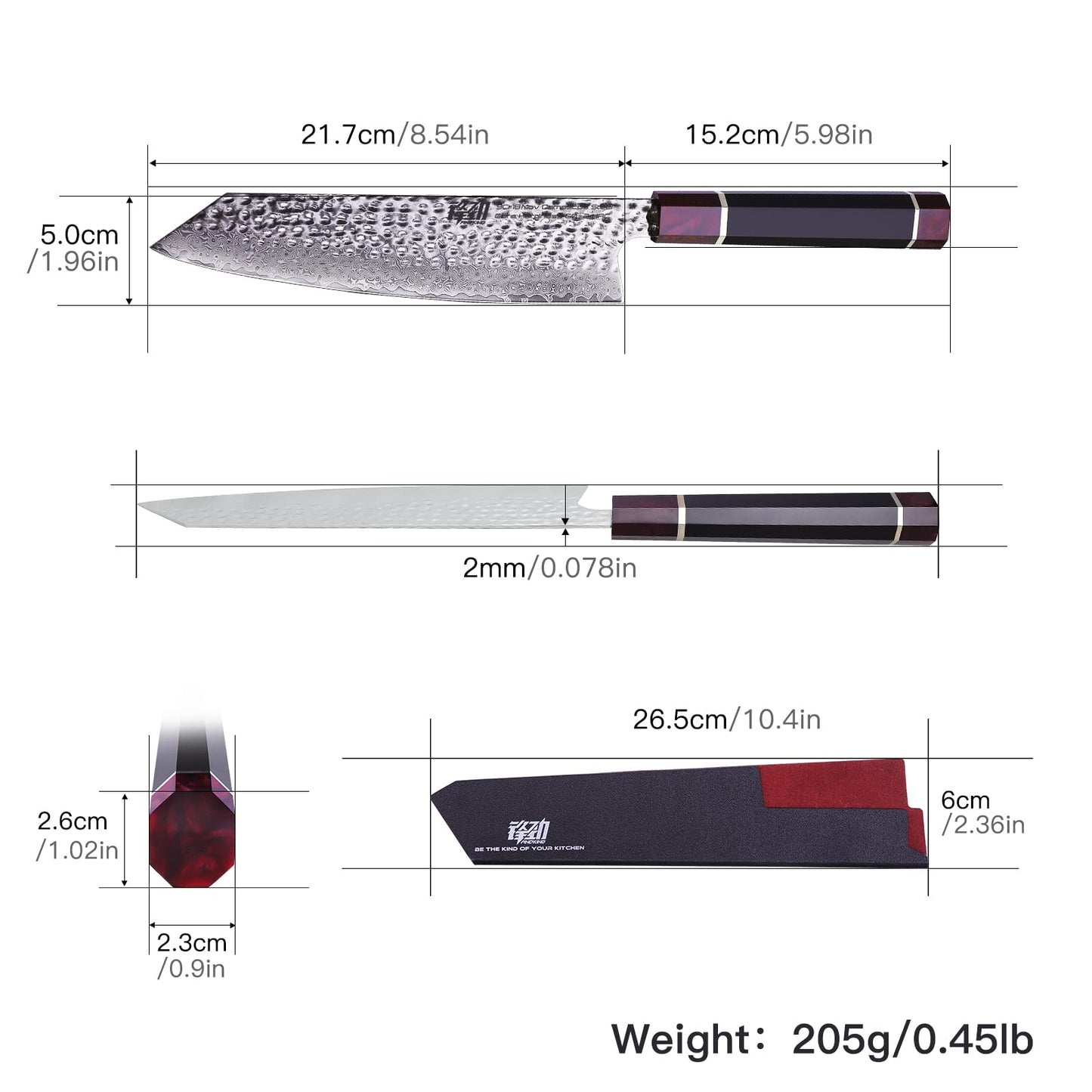FINDKING Eternity Series Japanese Kiritsuke Knife with ABS Sheath, Multi-Purpose Gyuto Chef Knife, 9Cr18MoV Damascus Steel Blade, Resin Octagonal Handle, for Meat, Fruits, Vegetables,9 Inches/22CM