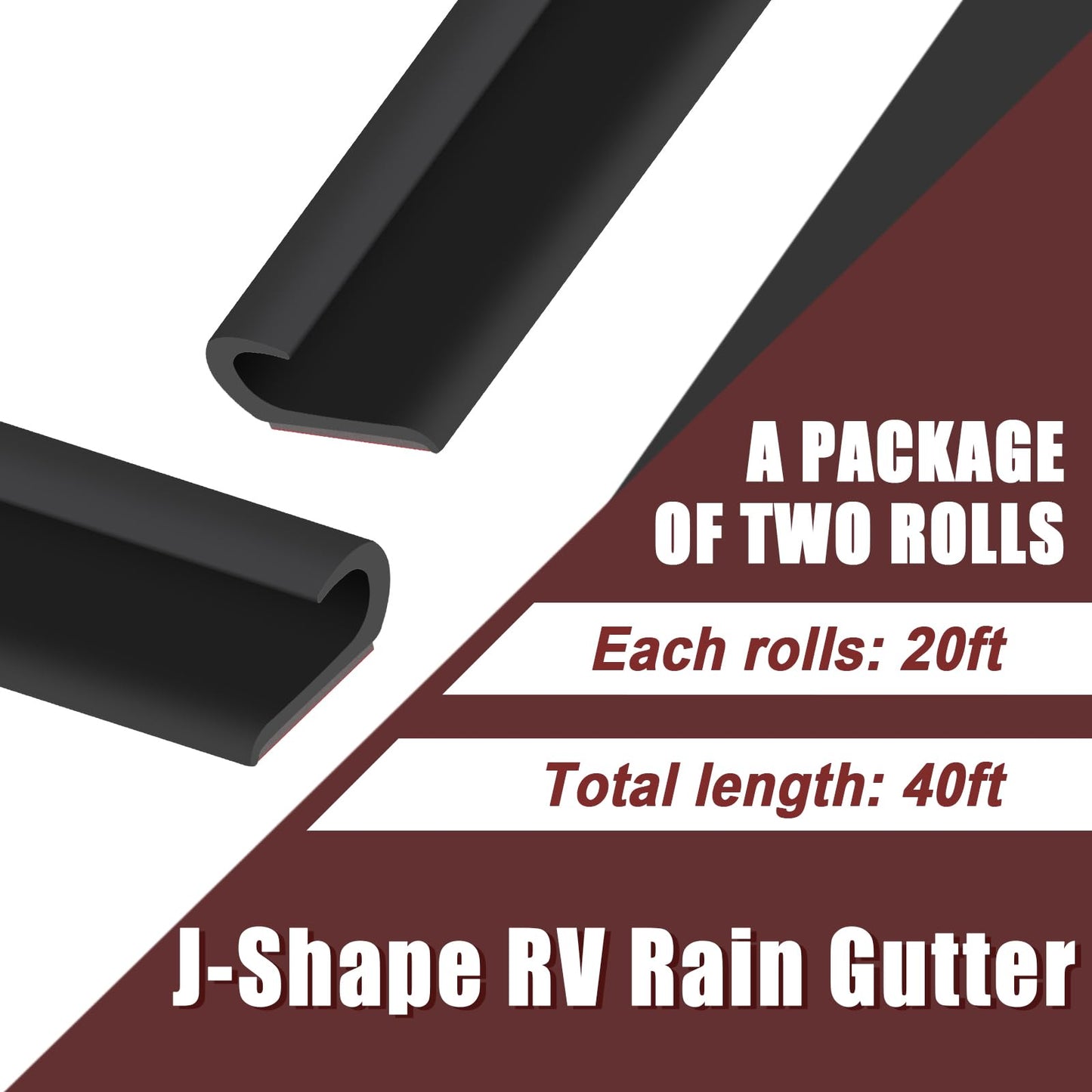 40FT RV Drip Rail J-Shape Rain Gutter Trim with 3M Adhesive, Flexible PVC RV Roof Rain Diverter Strip, Camper Trailer Water Runoff Strip, Leak Prevention UV Resistant