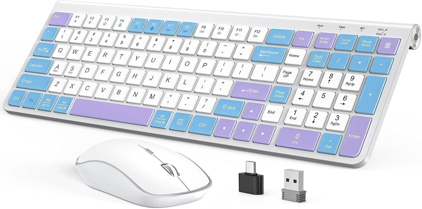 JOYACCESS Wireless Keyboard and Mouse,Ergonomic Keyboard Wireless,Dustproof and Portable,Number Keypad, Adjustable DPI Computer Keyboard Mouse for Laptop,PC, Windows- Purple Blue