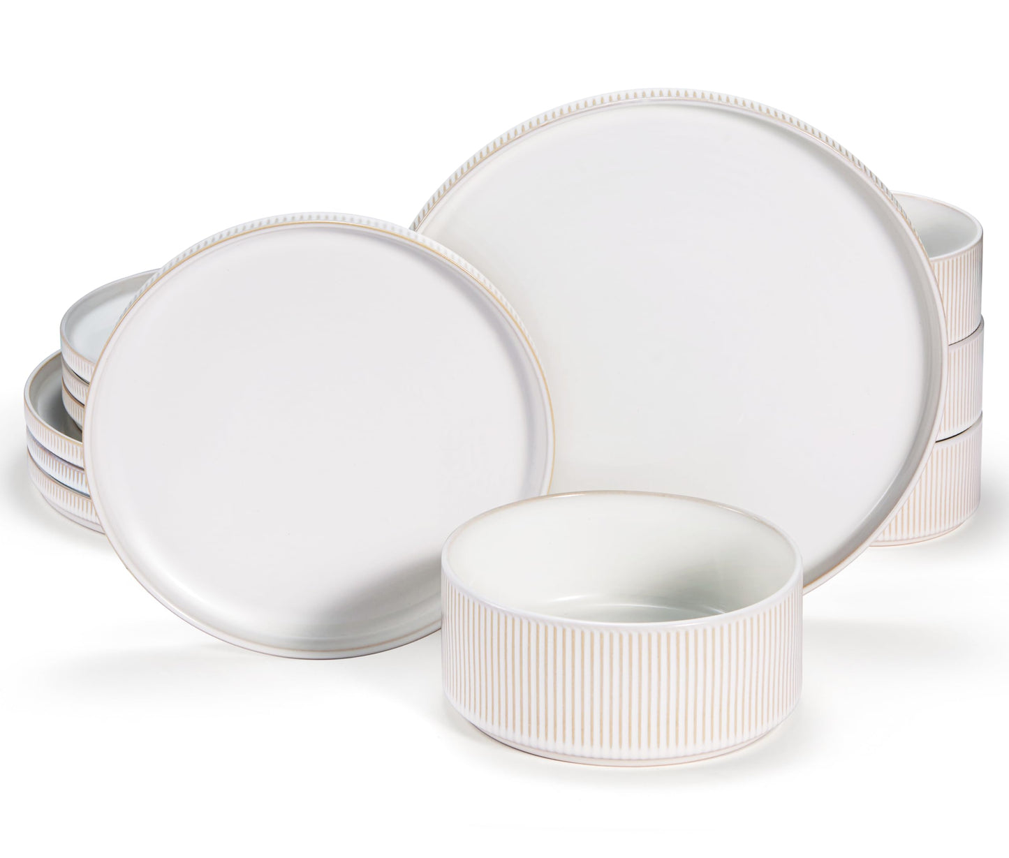 Ceramic Dinnerware Set, by Vase and Vessel, 12-Piece Service for 4, 9.8” Dinner Plates, 8” Salad Plates, 20 oz Bowls, Ombre Reactive Glaze, Durable Stoneware, Microwave & Dishwasher (Powder White)