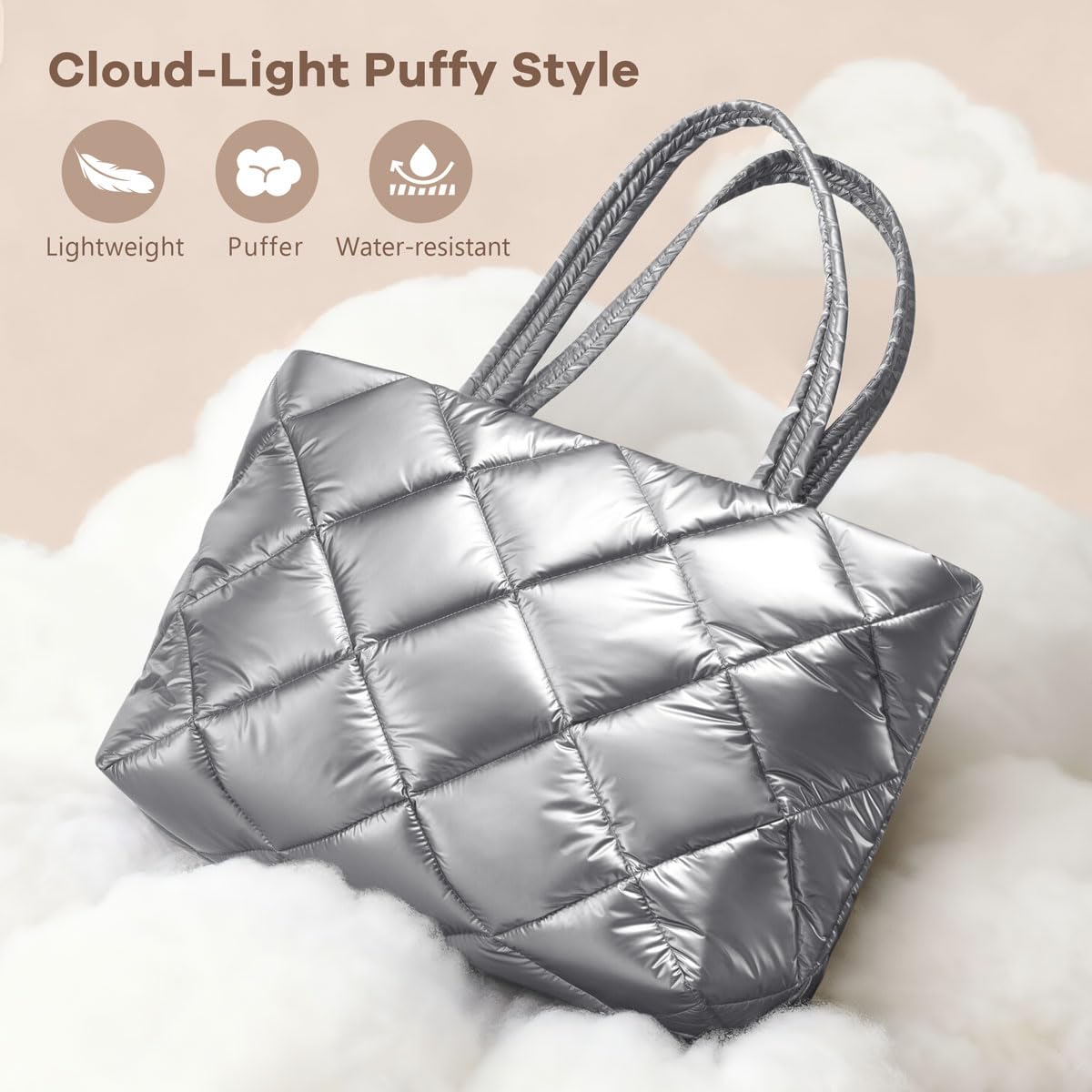 ASL Puffer Tote Bag for Women, Lightweight Quilted Handbags with Bottle Pockets for 15.6 Inch Laptop, Work Travel Nurse Gifts, Shiny Silver