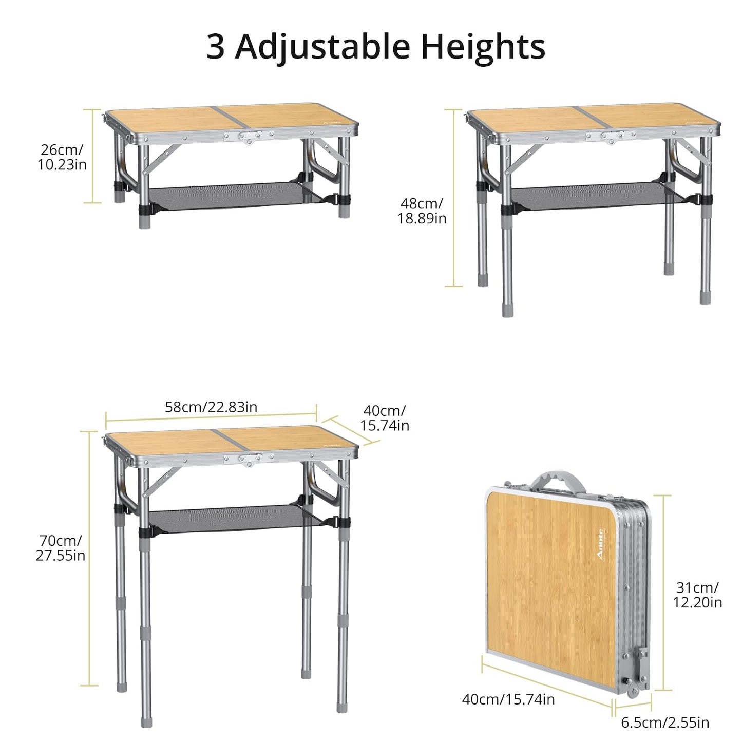 Anbte 2ft Folding Camping Table, 3 Adjustable Heights High 27.5" Aluminum Small Folding Table with Carrying Handle, Portable, for Outdoor Indoor Picnic Beach BBQ Travel, 24" x 16", Light Oak Grain