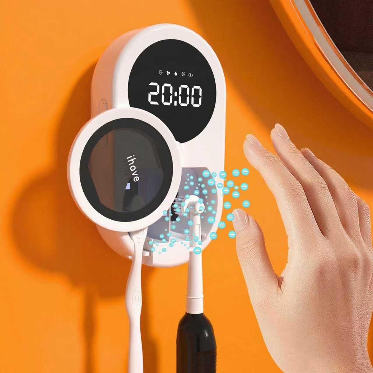 iHave Toothbrush Sanitizer and Holder, UV Toothbrush Holders with 100M Negative Ions for 360° Disinfection, Mold Prevention & Odor Removal, 2-Slot Heated & Fan Drying Toothbrush Holder Wall Mounted