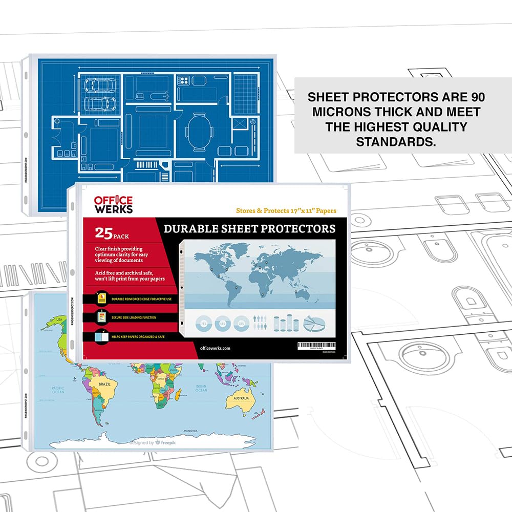 11 x 17 Sheet Protectors, Landscape View, 25 Pack, Side Loading, Protect, Store and Display 11X17 Paper, Photographs, Prints, and Documents