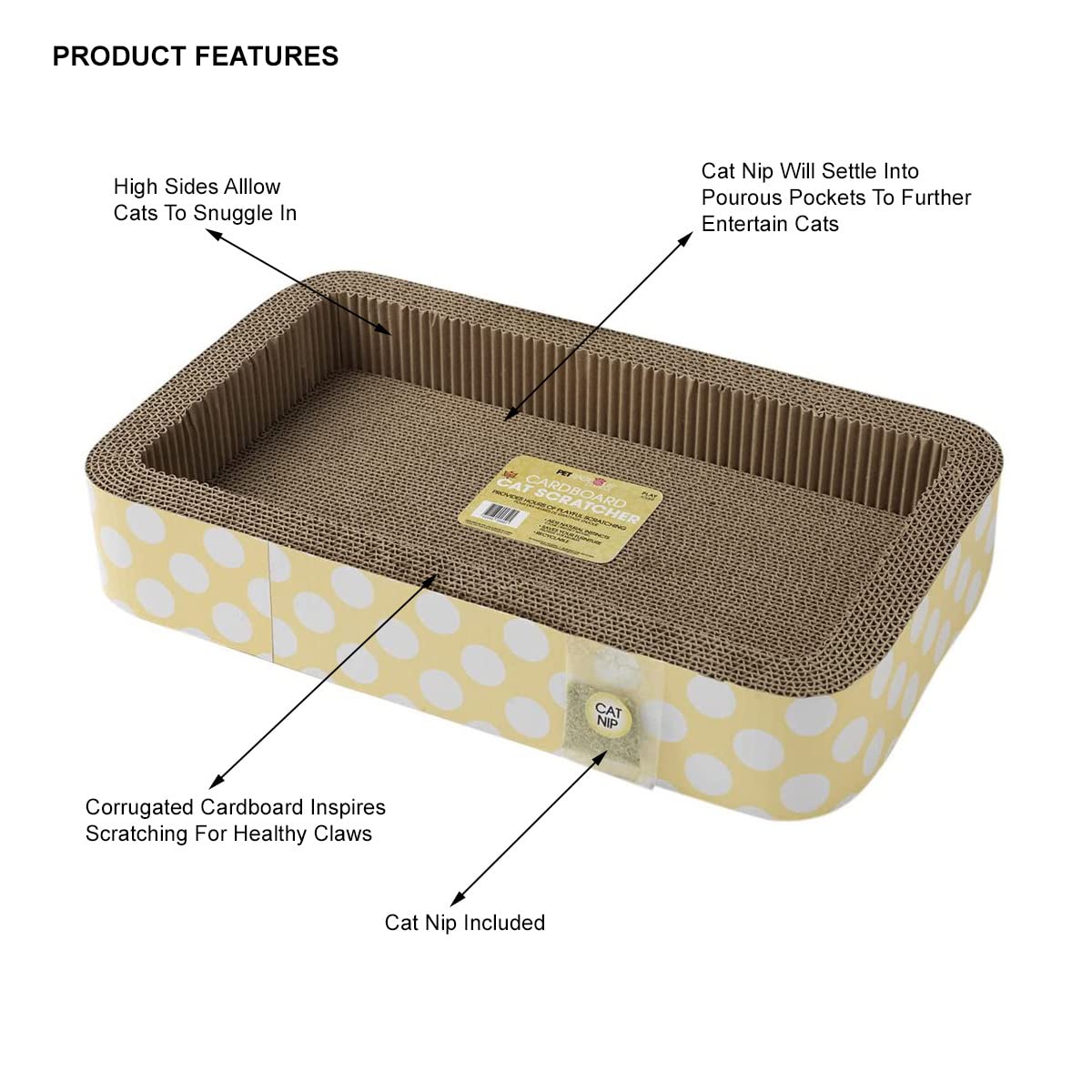 Petrageous 13079 Jerrys Rectangular Corrugated Cat Lounge Scratcher 20-Inch Long 12-Inch Wide 3.5-Inch Tall with Cat Nip for Cats or Kittens, Yellow