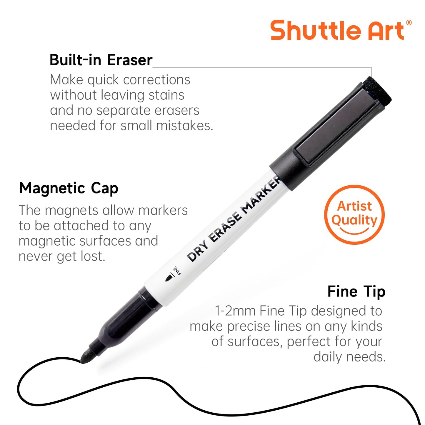 Shuttle Art Black Dry Erase Markers, 60 Pack Magnetic Whiteboard Markers with Erase,Fine Point Dry Erase Markers Perfect For Writing on Whiteboards, Dry-Erase Boards,Mirrors for School Office Home