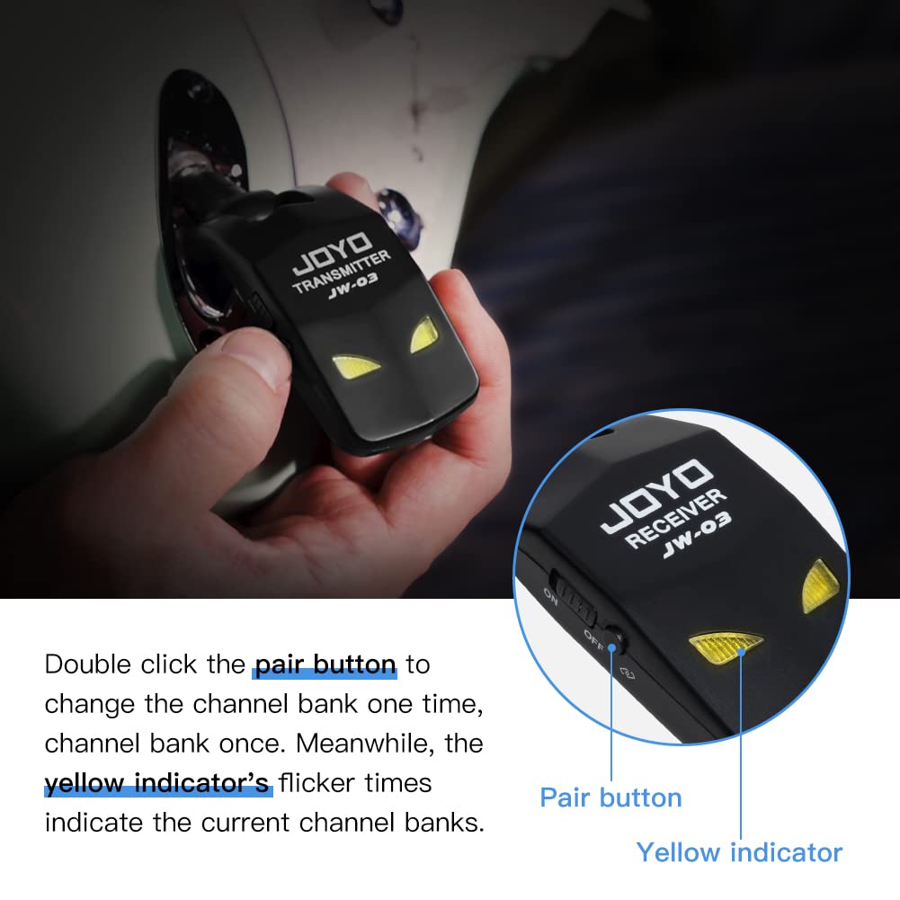 JOYO 2.4GHz Wireless Guitar System 4 Channels Rechargeable Audio Wireless Transmitter Receiver for Guitar Bass Electric Instruments (JW-03)