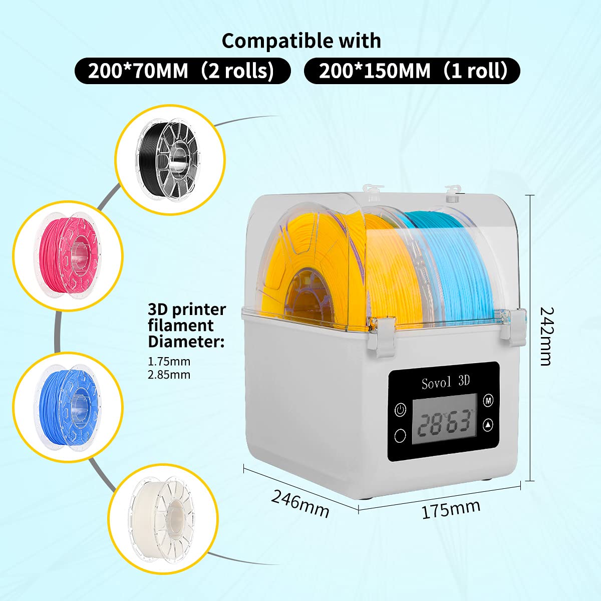 Sovol Filament Dryer 2025, SH01 Filament Dehydrator 3D Printer Spool Holder with Upgraded Fan, Dry Box for Keeping Filament Dry, Compatible with 1.75mm, 2.85mm PLA PETG TPU ABS