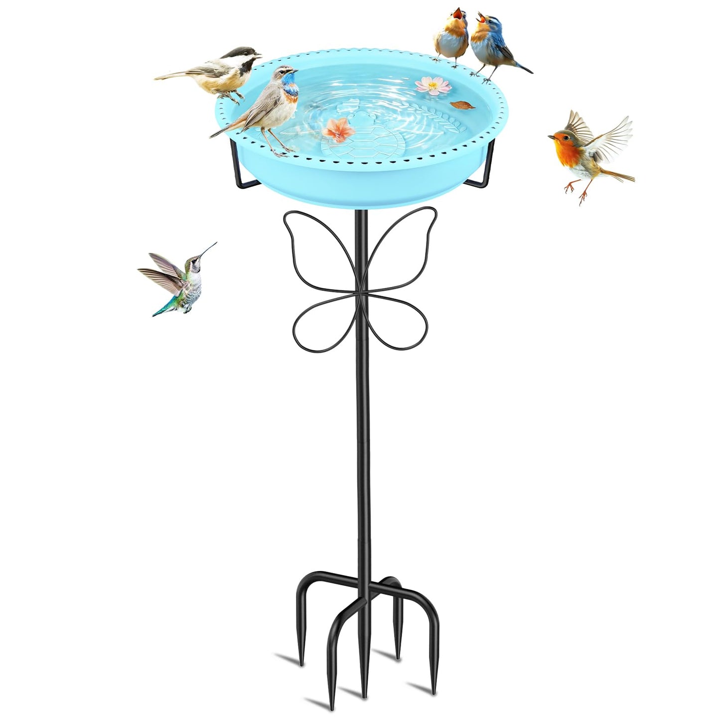 YOADEHOA 37In Bird Bath for Outside, 2-in-1 Birdbath & Birdfeeder with Detachable Plastic Bowl, Metal Butterfly Stake & Sturdy 5-Pronged Base for Outdoor Garden Yard Decor (Blue)