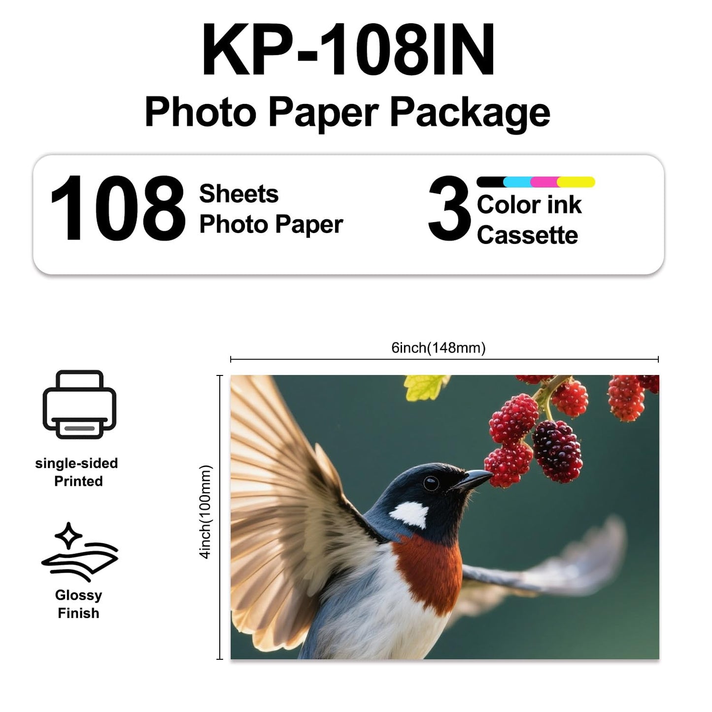 Compatible with Canon Selphy Series Ink and Paper, KP-108IN 3 Color Ink Cassette and 108 Sheets 4 x 6 Paper Glossy for Selphy CP1500 CP1300 CP1200 CP1000 CP910 CP900 CP810 Printers.