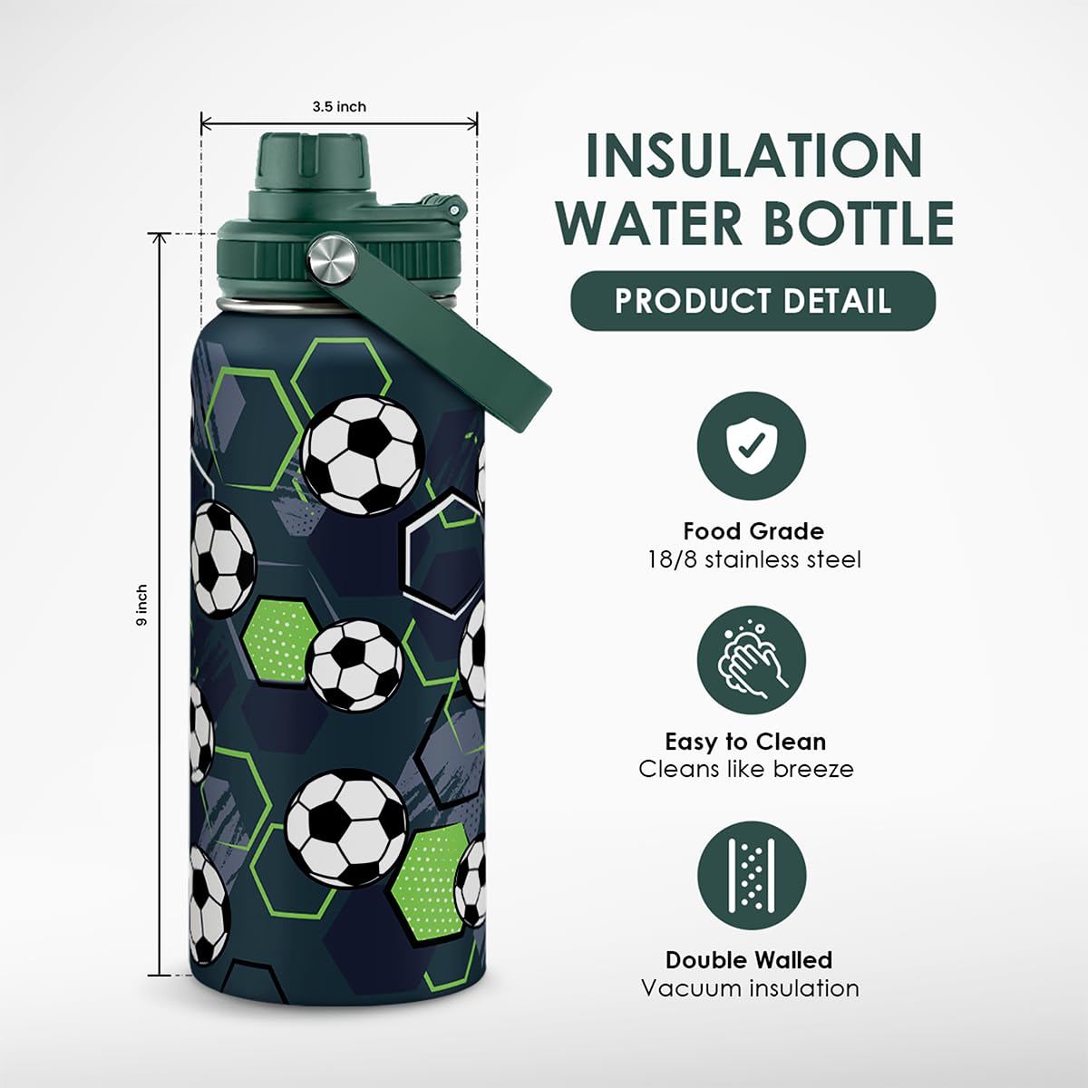SANDJEST Soccer Water Bottle 32oz Stainless Steel, Travel Tumbler Vacuum Chug Lid Aesthetic Sport for Boys Men Friends Dad Brothers, Gifts for Fathers Day Birthday Christmas