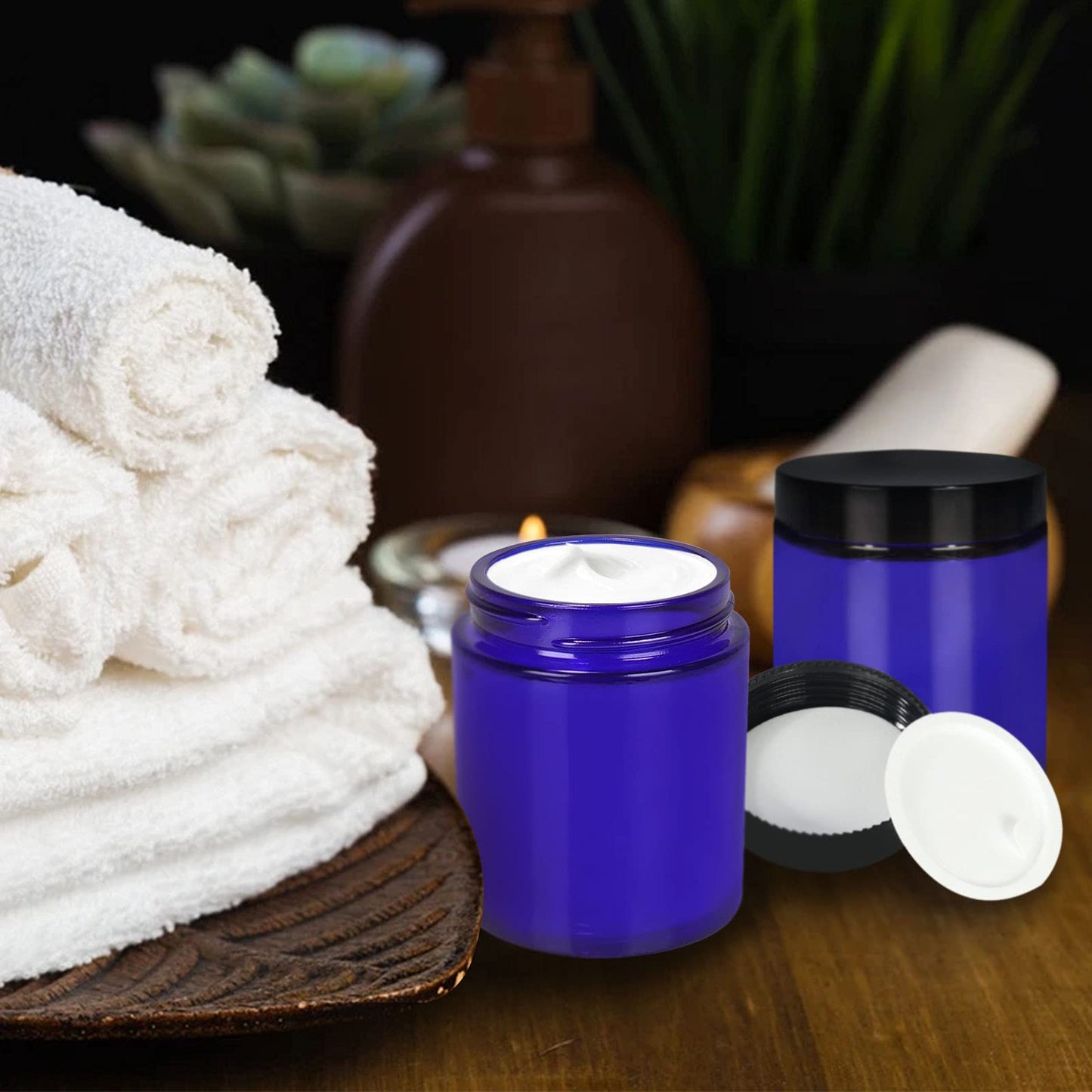 Betrome 8 oz Blue Glass Jars with Black Plastic Lids, 24 Pack Round Empty Cosmetic Jars for Beauty Items, Craft, Office Materials