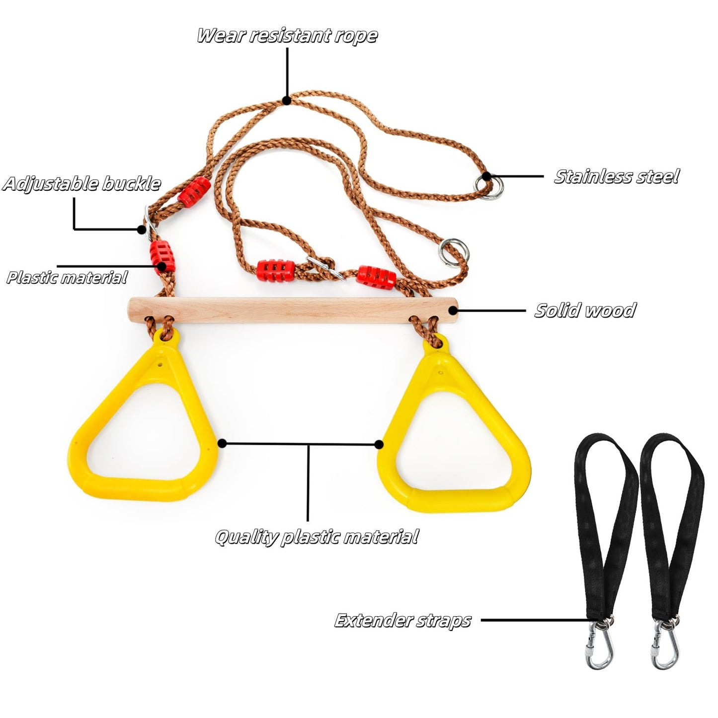Covzoe Trapeze Bar, 16" Adjustable Height Wooden Swing Set, Trapeze Monkey Bar Assembly with Rings, Gym Hanging Accessories Playground Attachments