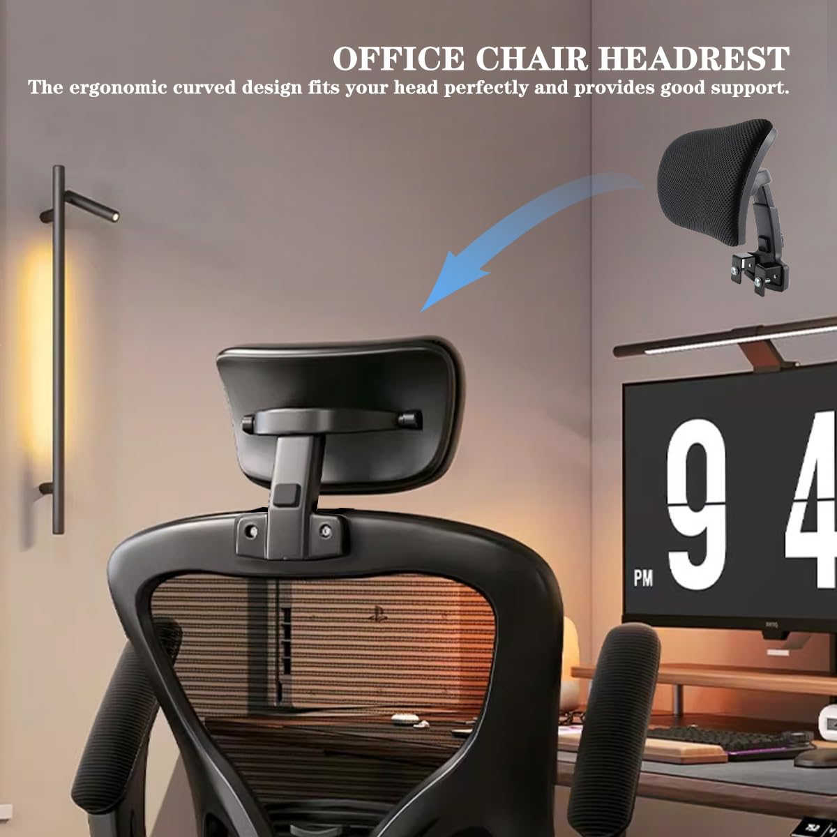 LNQ LUNIQI Office Chair Headrest Attachment Head Support Cushion Mesh Head Rest Black Mesh Frame Adjustable Height Angle for Ergonomic Office Chair（Black）