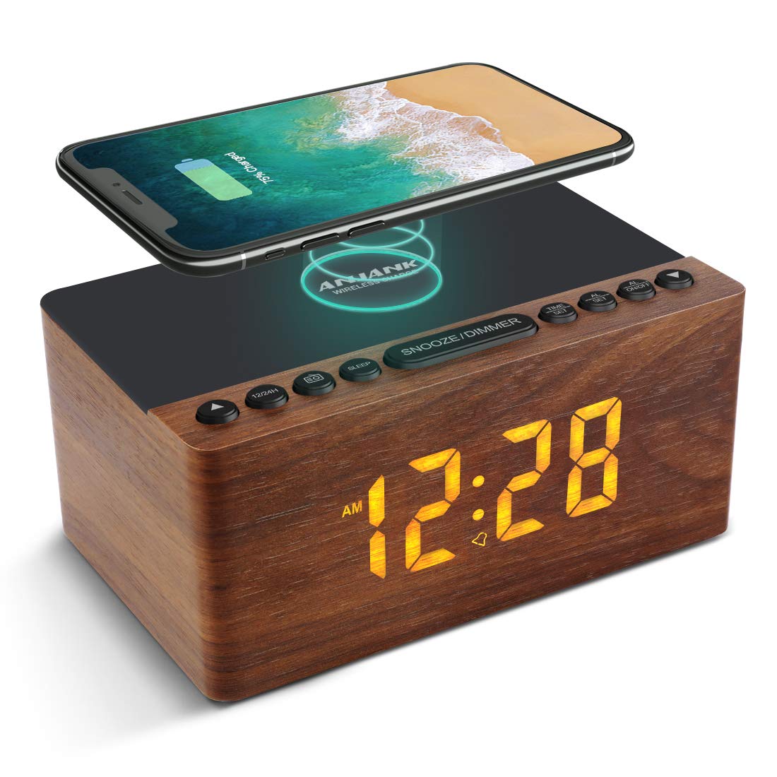 ANJANK Wooden Digital Alarm Clock FM Radio for Bedrooms,10W Fast Wireless Charger Station for iPhone/Samsung Galaxy, 5 Level Dimmer, USB Charging Port, 9 Wake up Sounds, Sleep Timer, Snooze, Bedside