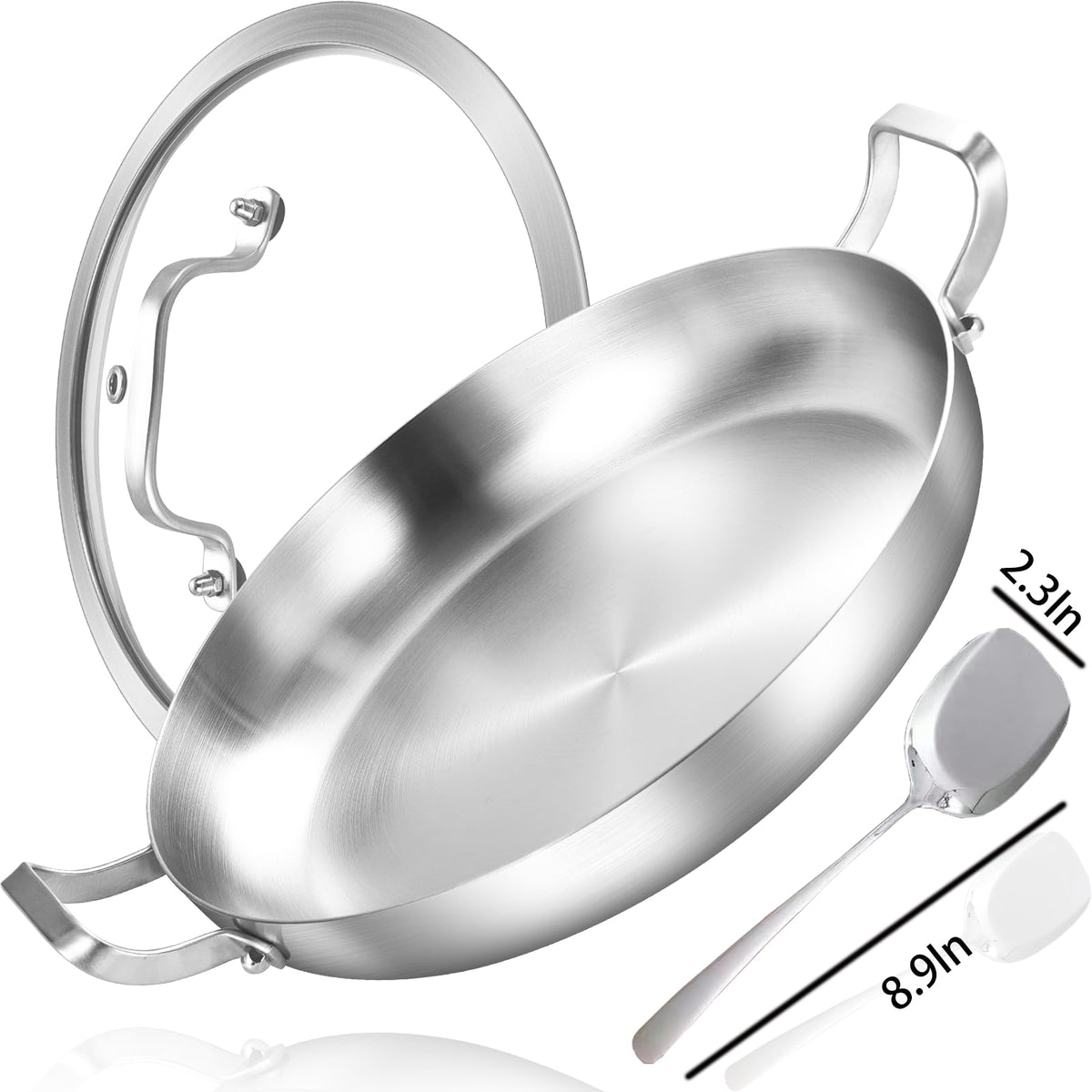 Inqibee 12-Inch Tri-Ply Stainless Steel Paella Pan with Lid, Large Skillet,Saute Pan with Lid,Frying Pan,Induction pan,Dishwasher and Oven Safe.