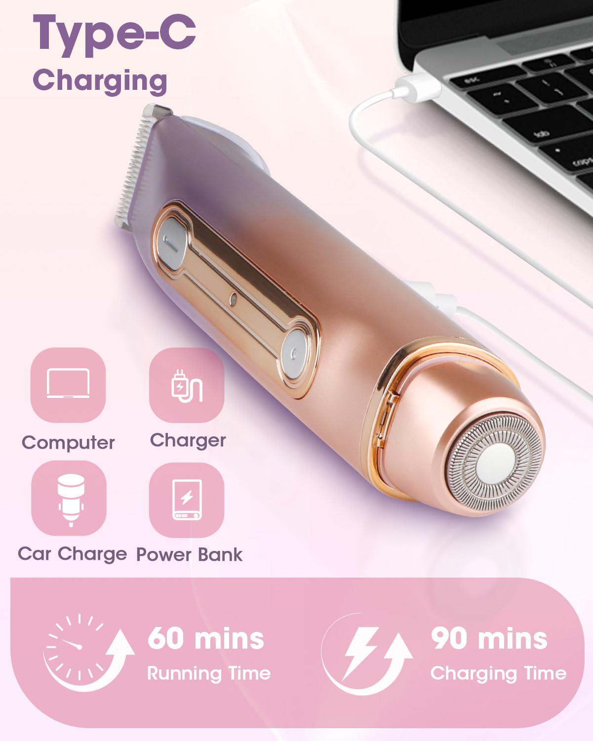 Bikini Trimmer Women, 2 in 1 Women's Electric Shaver, Dual Head Shaver, Electric Razor for Women Pubic Hair/Legs/Arms/Armpit/Face (Dazzling Purple)