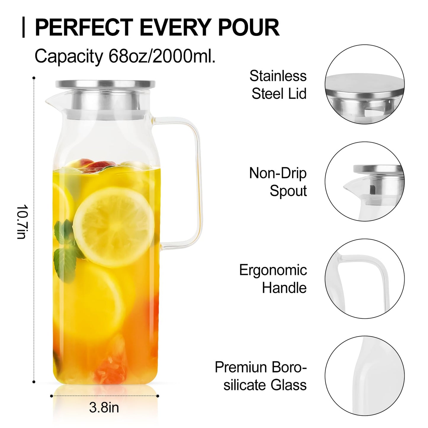 2 Pack (2 Liter 68 oz) Square Glass Pitcher with Lid and Spout, Easy Clean Heat Resistant, Borosilicate Glass Carafe for Hot/Cold Drink, Large Jug for Iced Tea, Coffee, Juice, Milk, Beverage