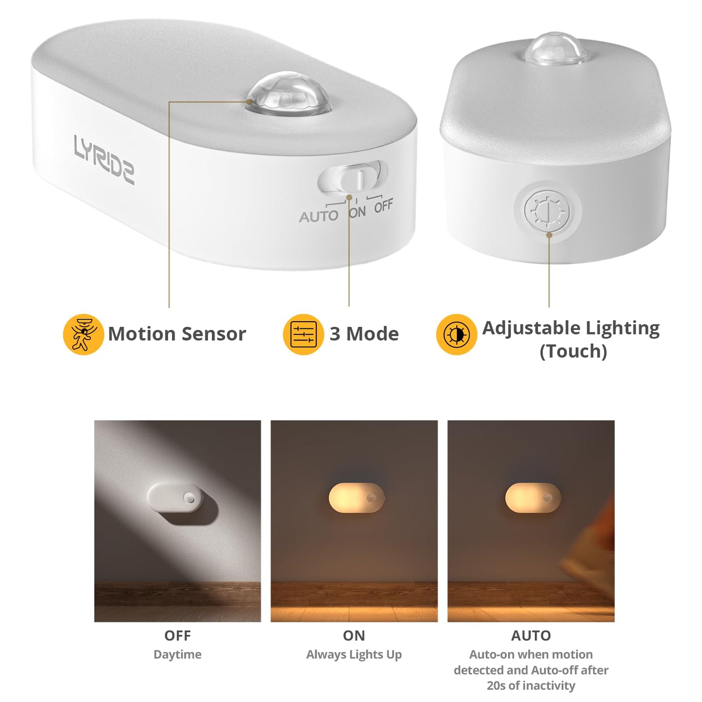 Rechargeable Night Light, LYRIDZ Stick on Anywhere Motion Sensor Nightlight Warm White 1-20LM LED Light with Stepless Adjustable Brightness for Bedroom, Kitchen, Stairs, Hallway, 4-Pack