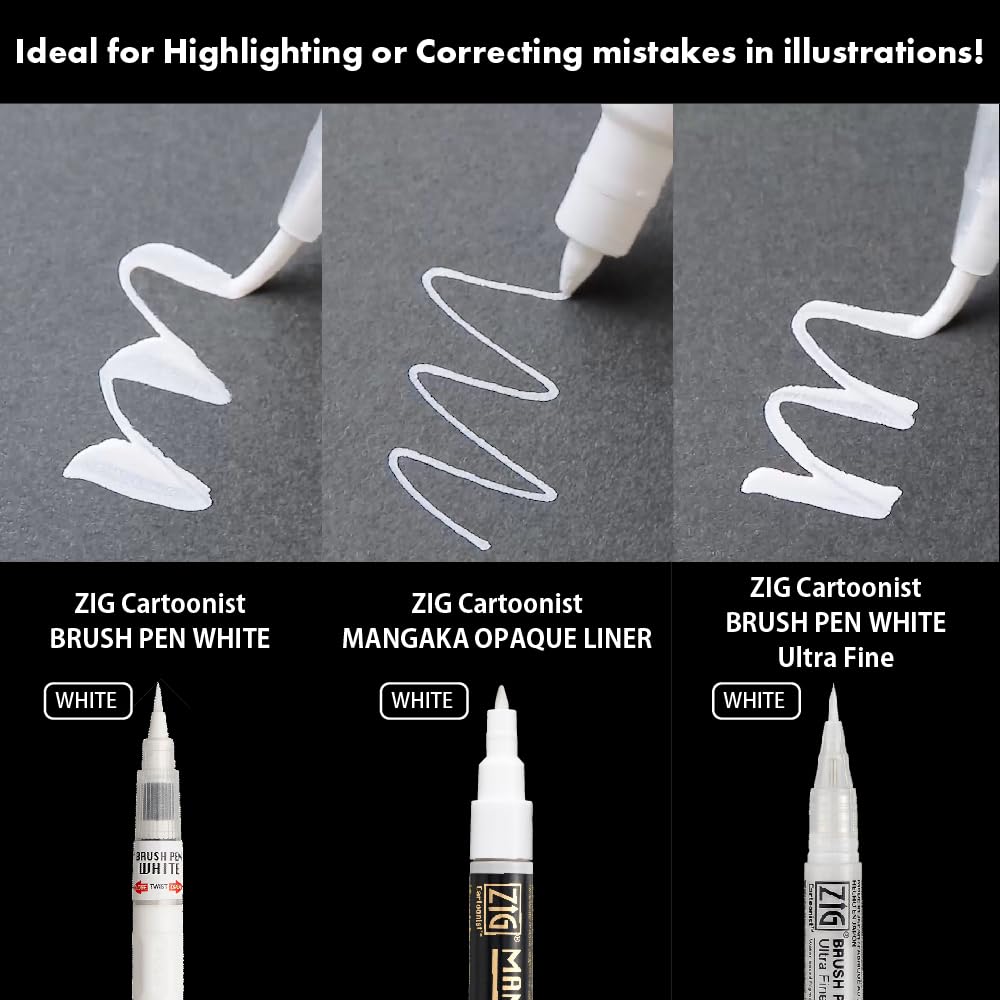 Kuretake Zig INKTOBER Special 3 variety set, White Pen Markers, Fine and Ultra Fine Brush tip, for Manga, Drawing, Calligraphy, Professional, Artist, Made in Japan