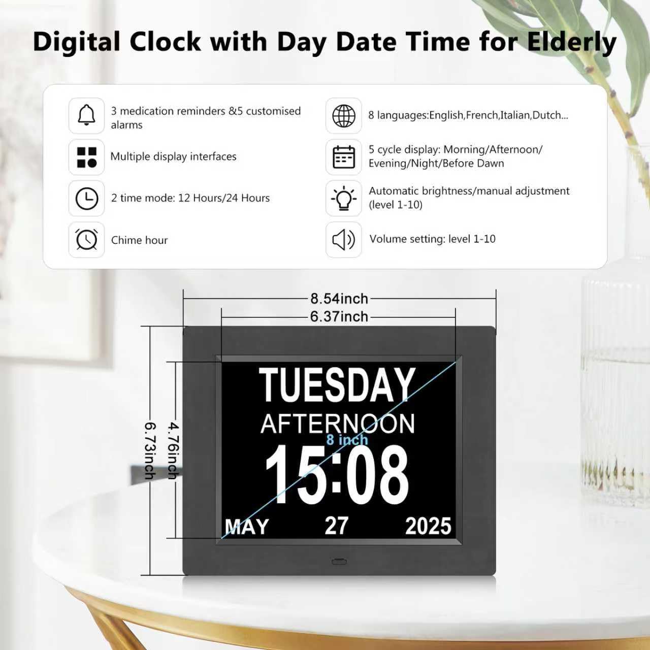 Dementia Clock for Seniors Clock with Date and Time for Elderly-8 Alarm Option & Auto-Dimming 8 Inch Large Number Display Digital Calendar Day Alzheimers Clock
