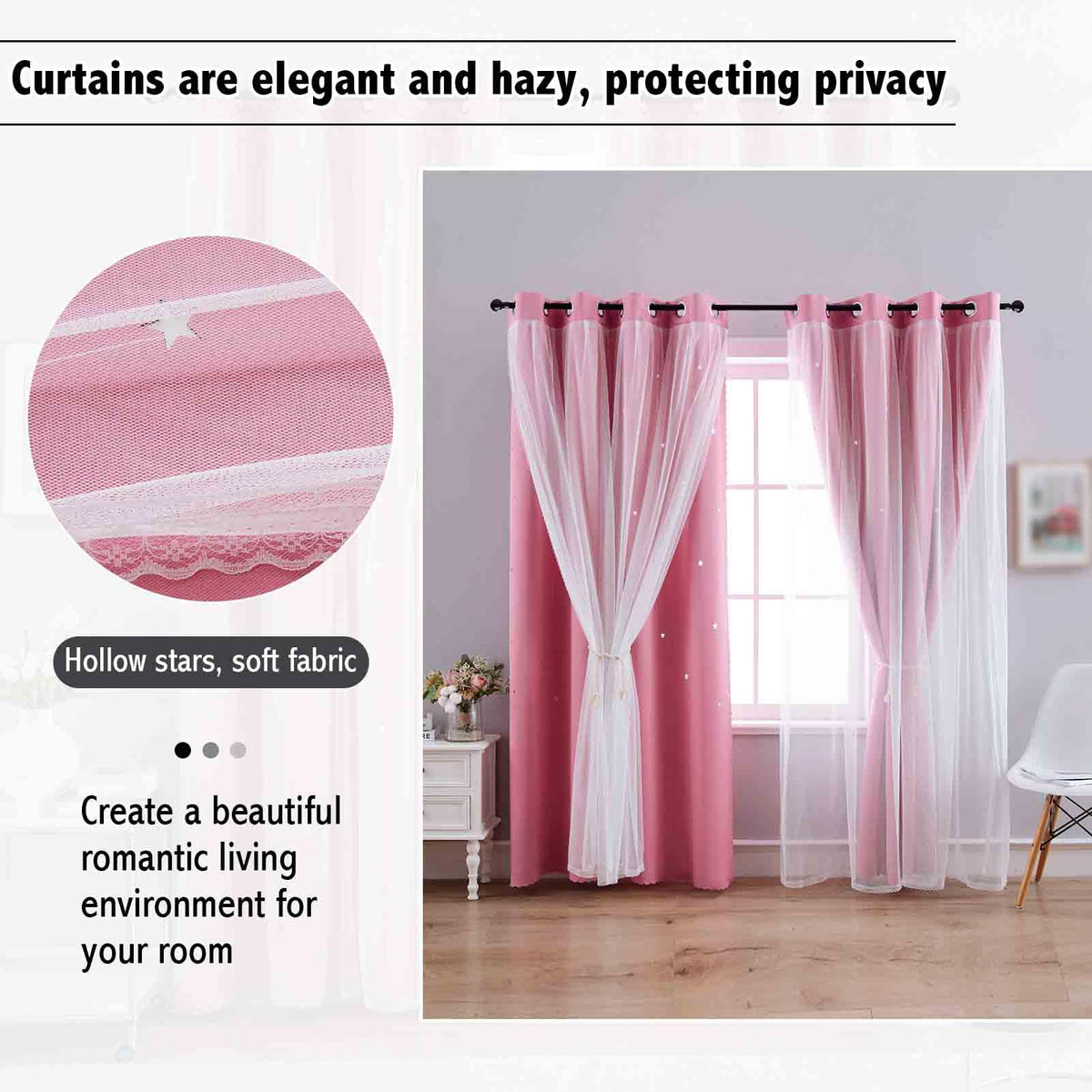 Anytime Star Cut-Out Blackout Curtains for Bedroom 2 Panels,2-Layers Mix Design of Fabric & Tulle,Pretty Pure Color Window Curtain for Kids Room(W52 x L84,Pink)