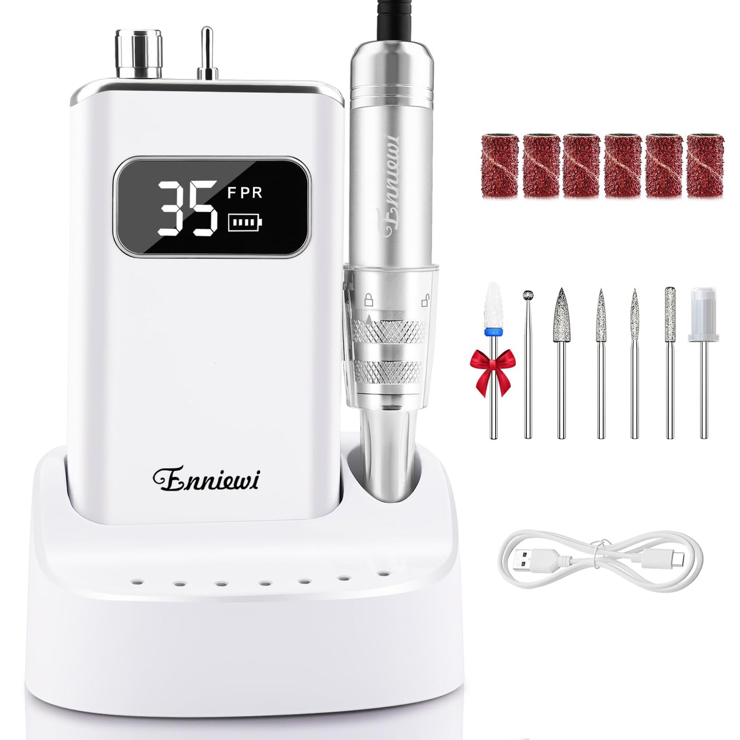 Enniewi 35000RPM Professional Nail Drill with Rechargeable Base Electric Nail Drill Machine with 7 Bits for Removing, Polishing and Shaping Gel / Acrylic Nails for Salon and Home Silver White