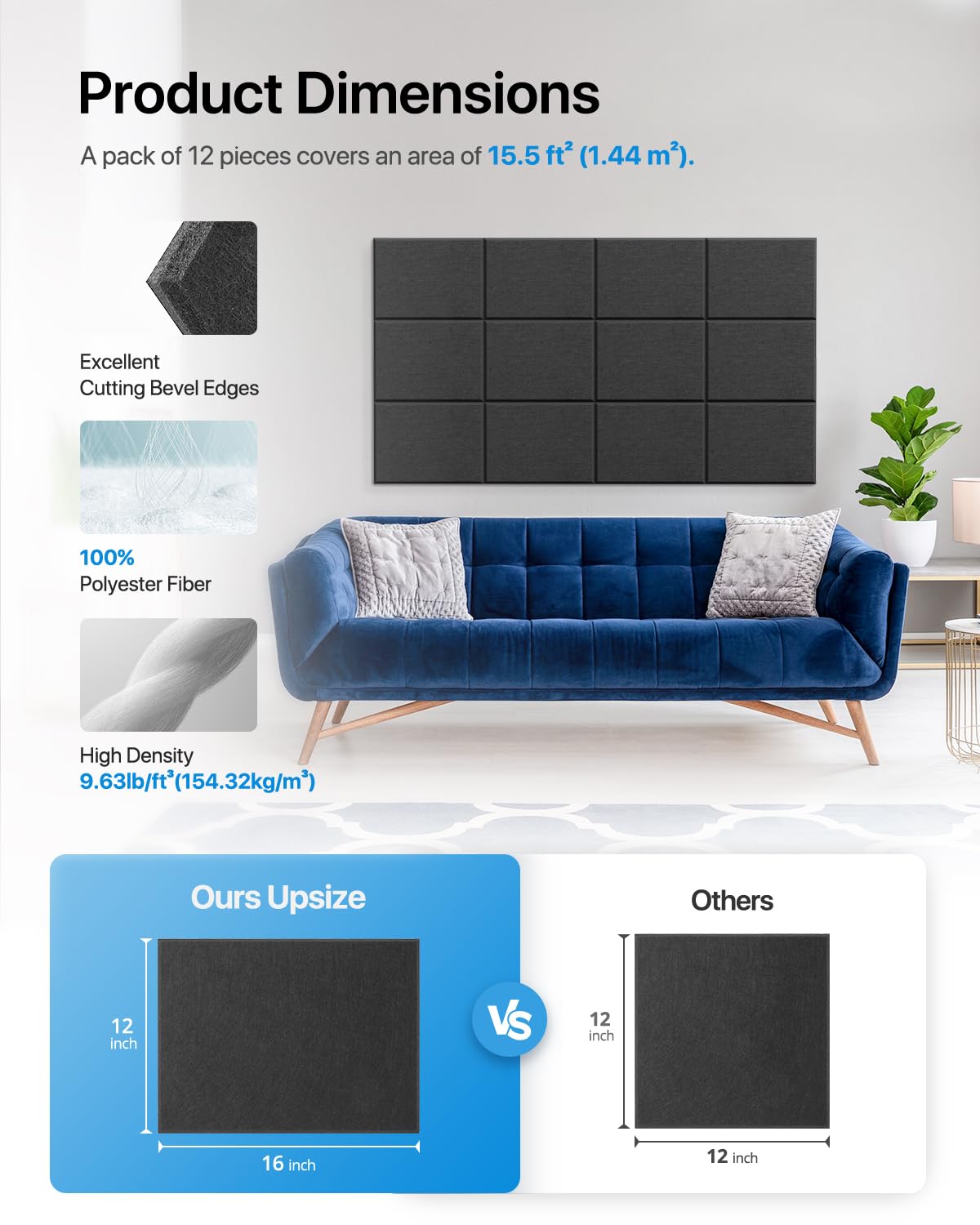 Soundsbay Acoustic Panels, 12 Pack Sound Proof Panels High Density Self-Adhesive Soundproofing Panels 16"×1"×0.4" Acoustic Wall Panels for Ceiling, Recording Studios, Home Offices, Black