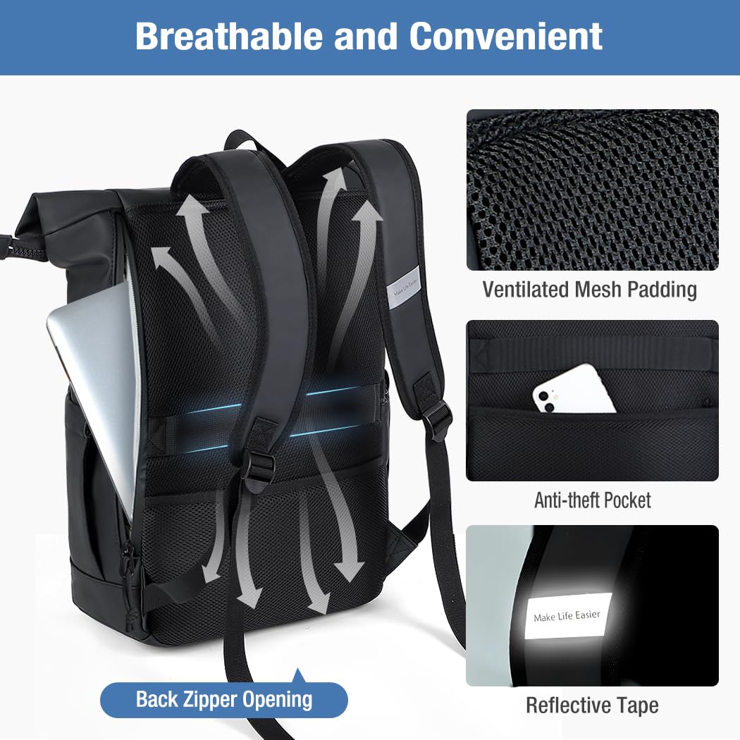Lekeinchi Roll Top Backpack, Expandable Laptop Backpack with 17 Inch Compartments, Waterproof Travel Backpack for Men Women, Casual Daypack for School Work, Black(XL)