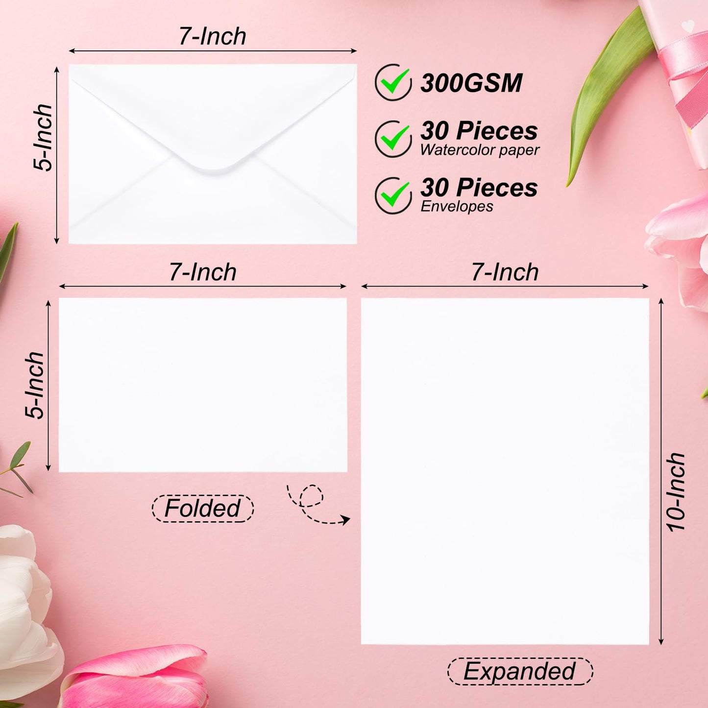 PATIKIL 50 Sets Pure Cotton Watercolor Cards 140lb/300 GSM Postcards with Envelopes for Art Painting Creative Thank Notes, 5x7 Inch Foldable Size