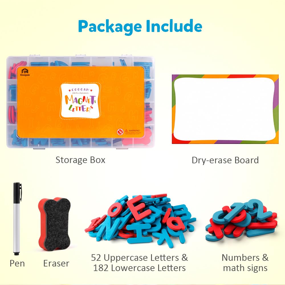 Coogam Magnetic Letters 251 Pcs with Magnetic Board and Storage Box - Uppercase Lowercase Foam Alphabet ABC Magnets for Fridge Refrigerator - Educational Toy Set for Classroom Kids Learning Spelling