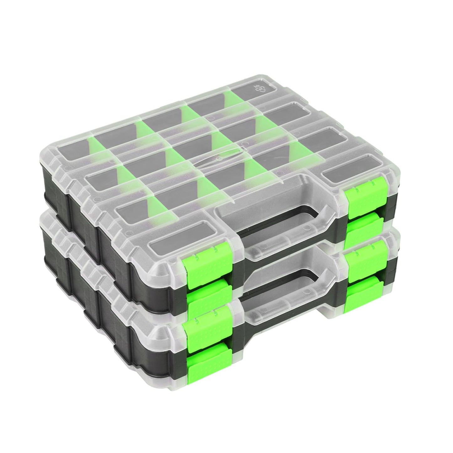 Jack Boss Tool Box with Transparent Lid, Double Side 34-Compartments Organizer Box with Removable Dividers for Hardware, Screws, Bolts, Nails, Beads, Jewelry and Fishing Accessories, Green, 2 Pack