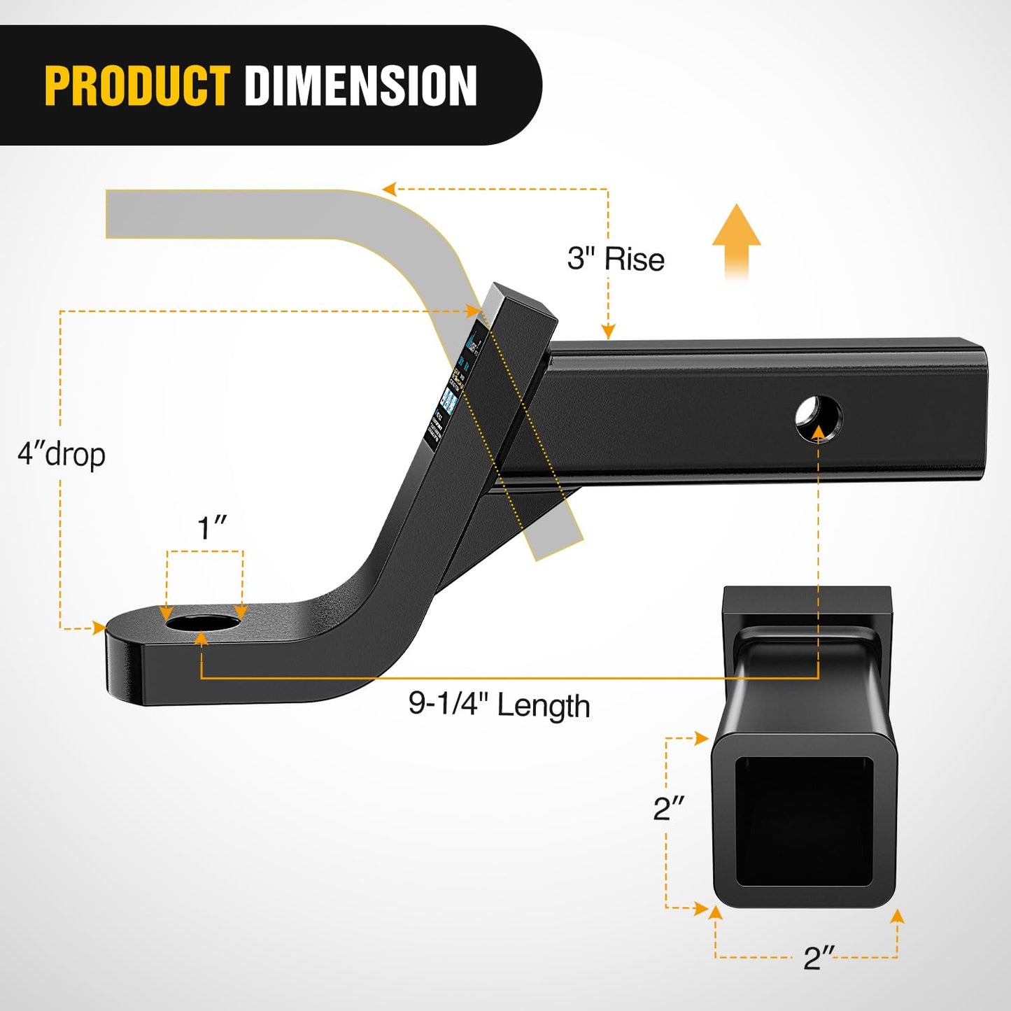Nilight Trailer Hitch Ball Mount with 5/8" Hitch Pin Clip Fits 2 Inch Receiver Square 7500 lbs 4" Drop, 3” Rise, 1” Hole, Gloss Black Powder Coast