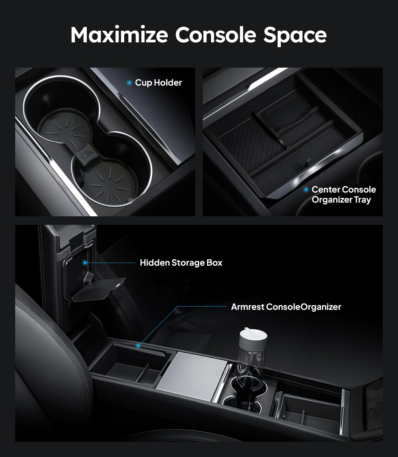 Wigoo for Tesla New Model Y Juniper & Model 3 Highland Center Console Organizer [Double Layer Space, Slide Smoothly] Model 3 (2024-2026)/Model Y Juniper(2025-2026) Accessories, 4PCS Black
