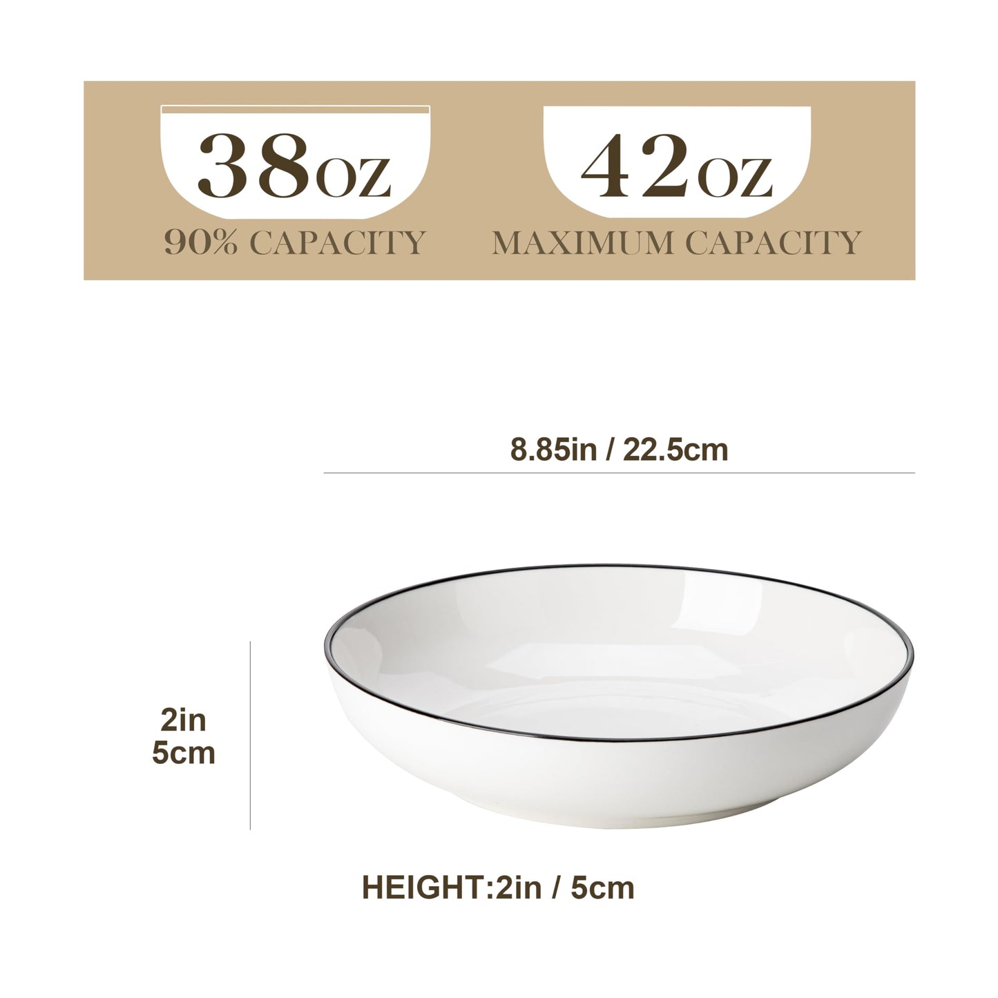 MALACASA 8.85" Large Pasta Bowls, 42 OZ White Salad Bowls Soup Bowls, Porcelain Serving Bowls Set of 6, Ivory White with Black Rim, Microwave & Dishwasher Safe, Series Regular