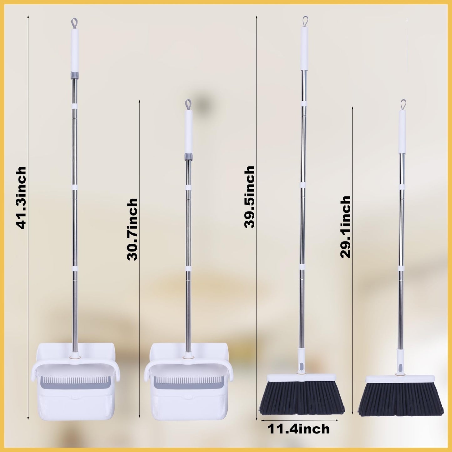 Upgrade Broom with Dustpan Combo Set with Ergonomic Adjustable Handle, Cleaning Teeth, Ideal for Pets, Indoor and Outdoor Sweeping（White）
