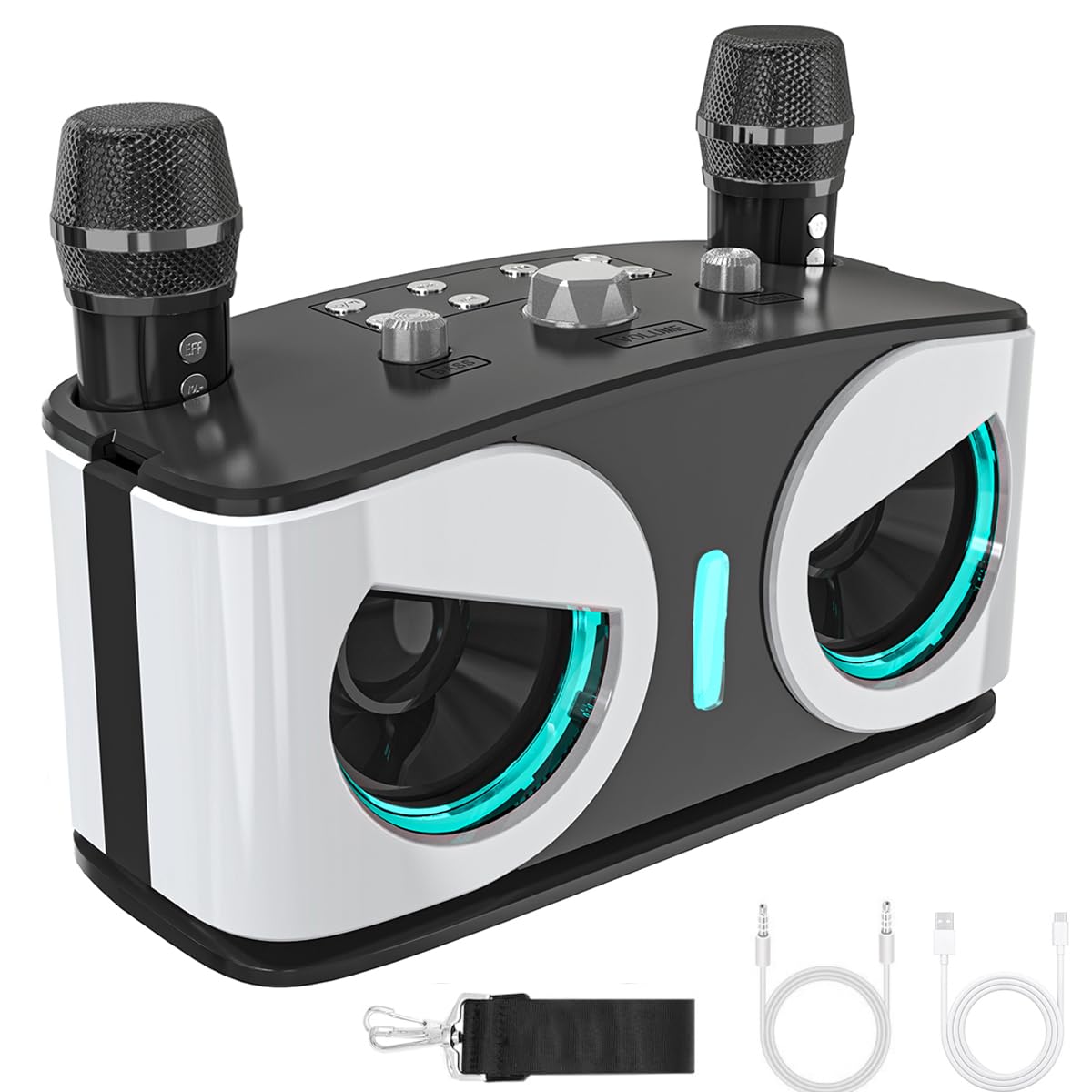 Karaoke Machine for Adults Kids with 2 Wireless Microphones, Portable Bluetooth Singing Speaker System with LED Lights for Home Party, Outdoor/Indoor/Wedding,Church,Picnic,Birthday Gifts-White