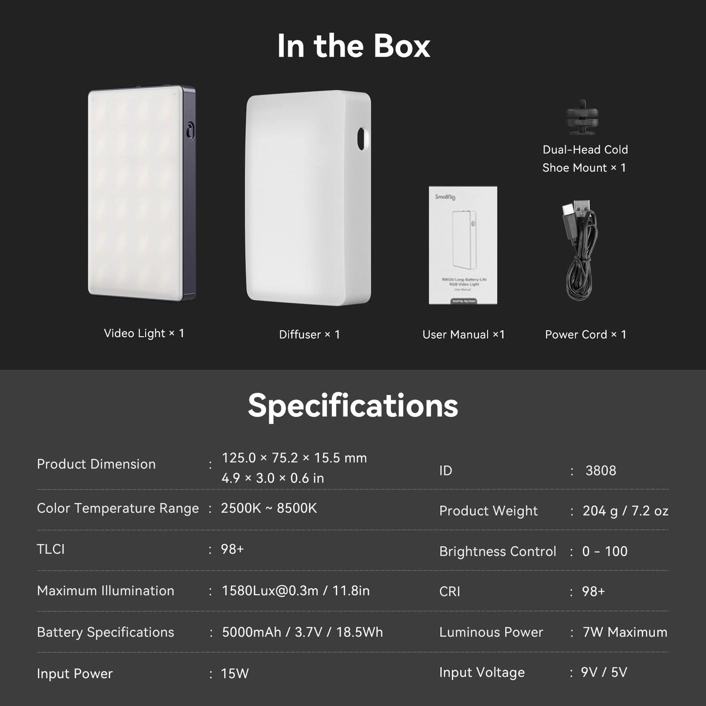 SmallRig RM120 RGB Video Light Portable On Camera Light,5000mAh Long Battery Life,Professional Video Conference Lighting 2500K-8500K 98+ CRI Full Color LED Light Panel for TikTok,Photography 3808