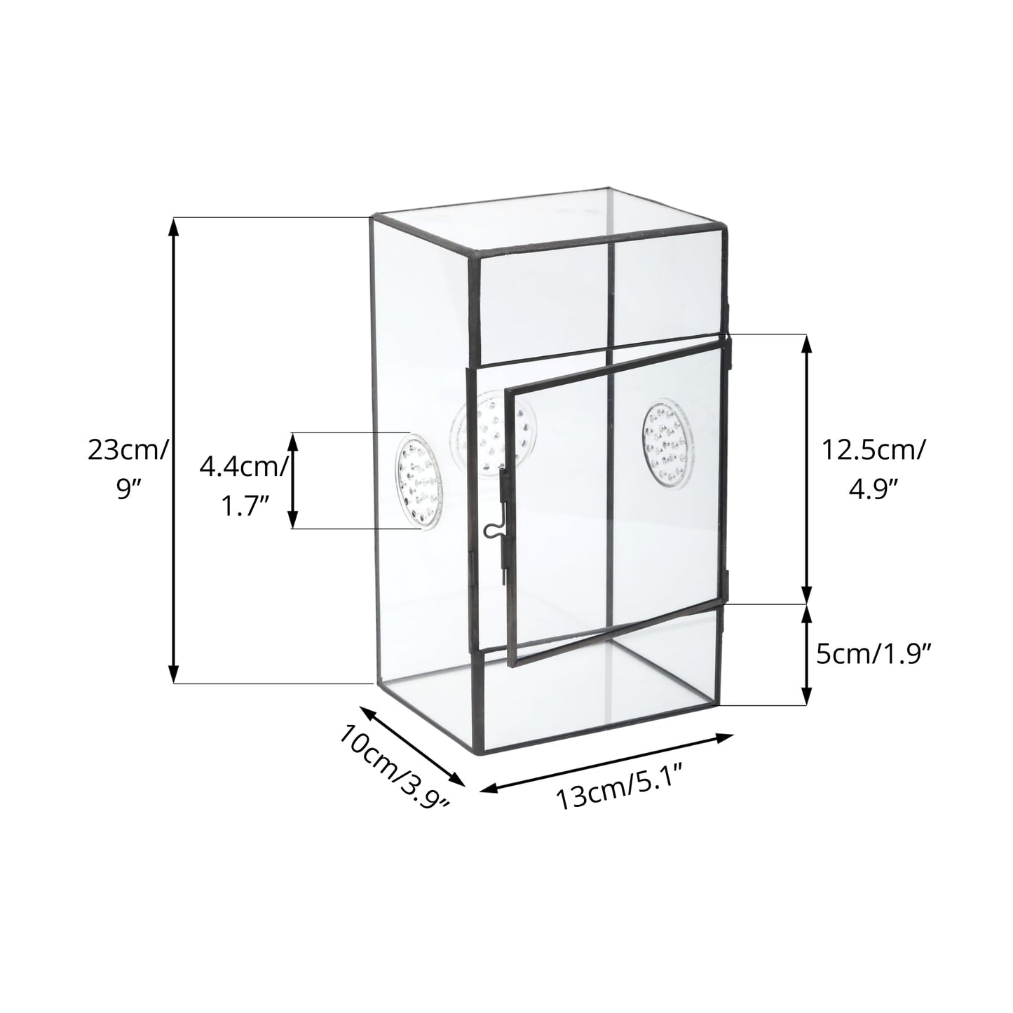 NCYP Glass Enclosure with Door and Vent Holes for Large Jumping Spider - 13 x 10 x 23 cm Front Opening Rectangle Black Terrarium - Holes Diameter 0.3cm (Terrarium Only)