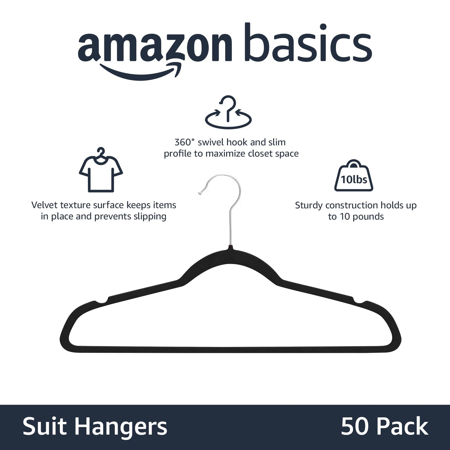 Amazon Basics Velvet Suit Hangers - 50-Pack, Black