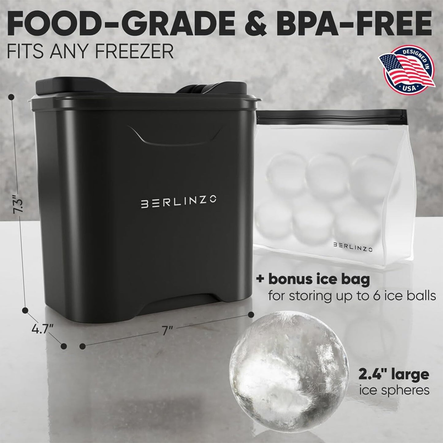 Berlinzo Premium Clear Ice Ball Maker Mold - 2 Large 2.4" Crystal Clear Ice Round Balls for Whiskey, Cocktails & Bourbon, Easy-to-Remove Ice Sphere Mold - Storage Bag Included - Black (Non-Electric)