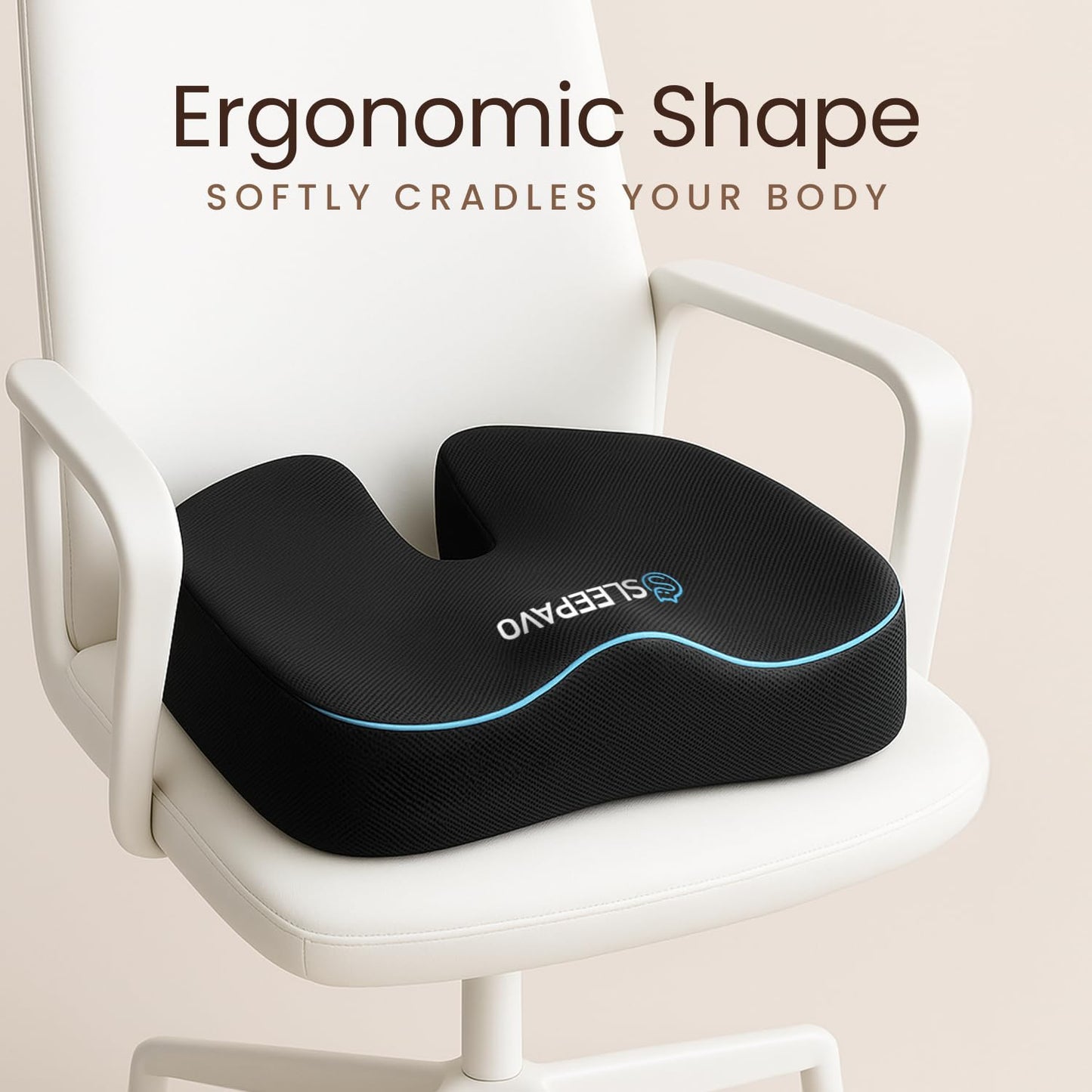 Sleepavo Memory Foam Seat Cushion for Office Chair - Pillow for Sciatica, Coccyx, Back, Tailbone & Lower Back Pain Relief - Orthopedic Chair Pad for Lumbar Support in Office (Black)