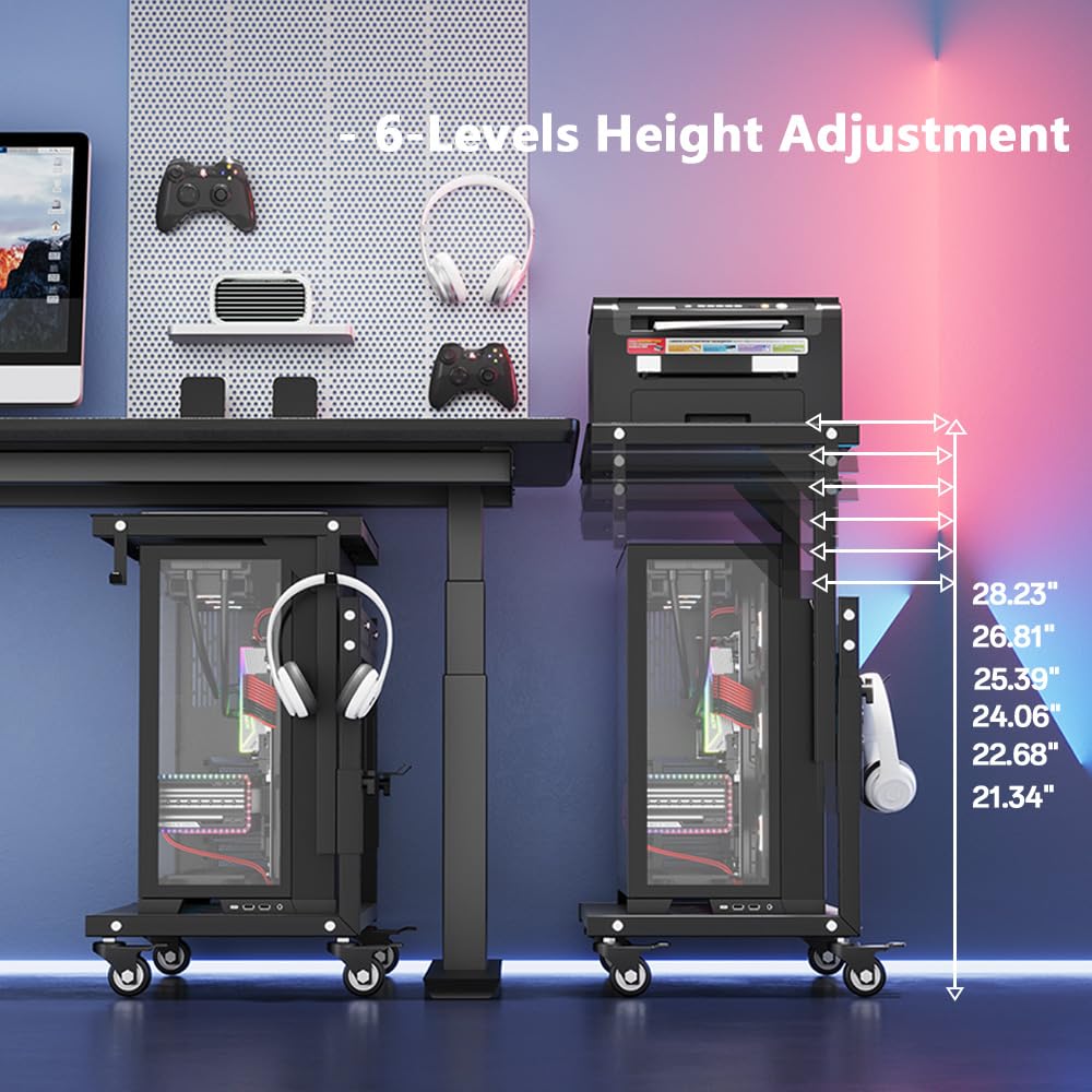 ZUAVIALA Computer Tower Stand, 6 Level Height Ajustable PC Tower Stand for Floor, Mobile Rolling CPU Holder Cart for Gaming Office Home,21.34"-28.3", Black