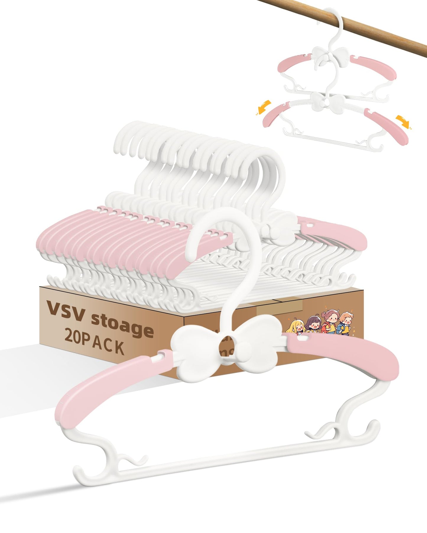 VSV stoage Baby Hangers, Kids Hangers with Stackable Hooks, Baby Clothes Hanger with Adjustable 28-37cm Arms, Bebe Cintre Pour Vêtements for Girls Dress Cloest, Pink Hangars for Toddler Cintre Enfant