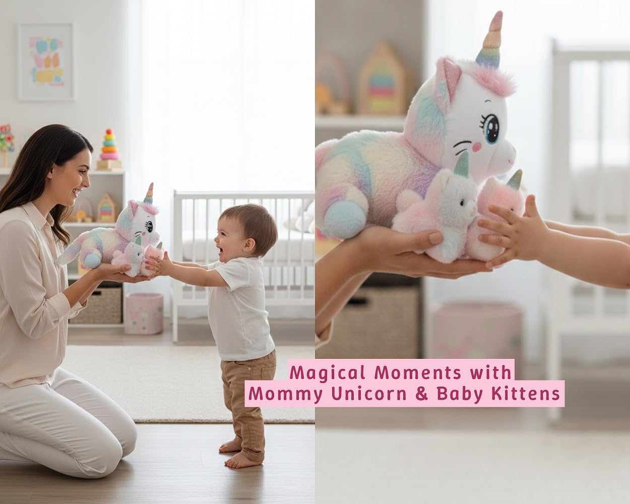 Chirpy Chums Dreamy Unicorn Cat Family – 16” Magical Unicorn Cat Plush with 4 Kittens – Ultra-Soft Stuffed Animal, Zipper Belly Surprise – Magical Pillow Plushies, Big Plush Toy Gift for Kids Ages 3+