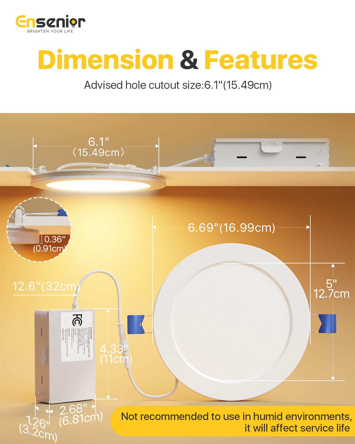 Ensenior 6 Pack 6 Inch LED Recessed Pot Light with Night Light, Dimmable, 2700K-5000K 5CCT, 1050LM 12W 120V, High Brightness Canless Wafer Downlight - ETL&FCC&IC