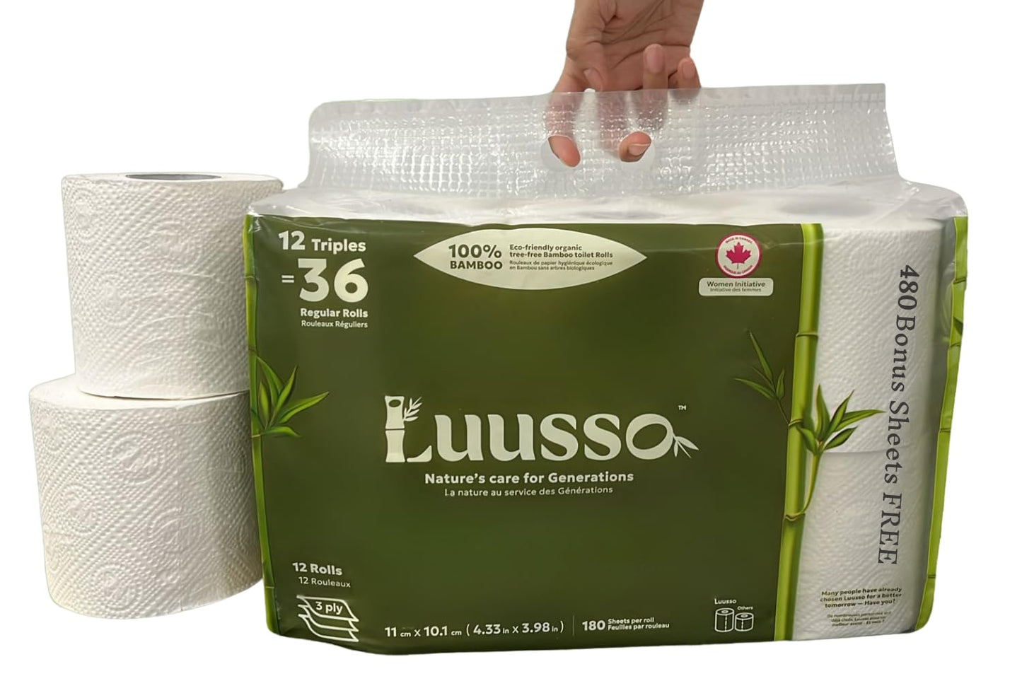 Luusso 100% Bamboo Toilet Paper(Made in Canada), 12 XL Size Triple Rolls (36 Regular), 3-Ply, 180 Sheets, 11 cm x 10.1 cm